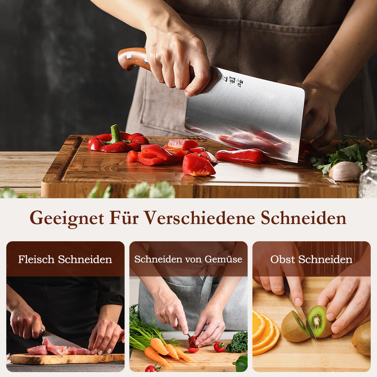 HEZHEN 18cm Hackmesser, Profi Chinesisches Kochmesser, German Stahl Scharf Küchenmesser, Gemüse Fleischbeil Schneidemesser, Ergonomischer Griff aus Redwood