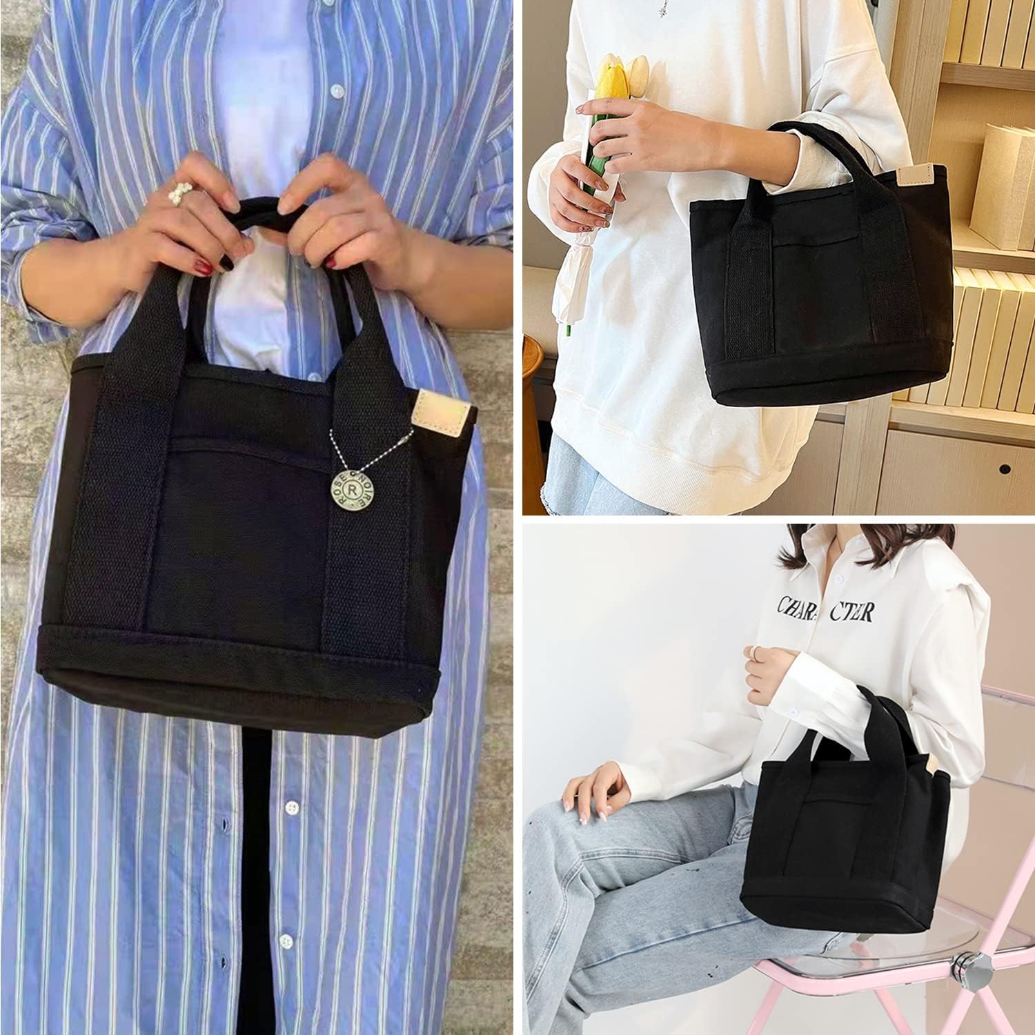 MINGRI Canvas Tote Bag for Women,Small Mini Totes Bags with Zipper Crossbody Purse with Pockets Shoulder Handbag - Image 6