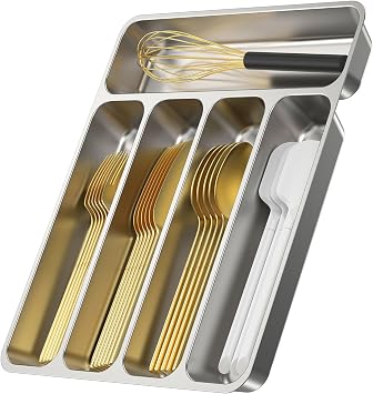 Zarler Stainless Steel Silverware Organizer for Drawer, Durable Metal Utensil Tray with 5 Compartments, Dishwasher Safe Flatware Holder for Kitchen, 13.8 x 11.4 x 1.6 Inch, Silver