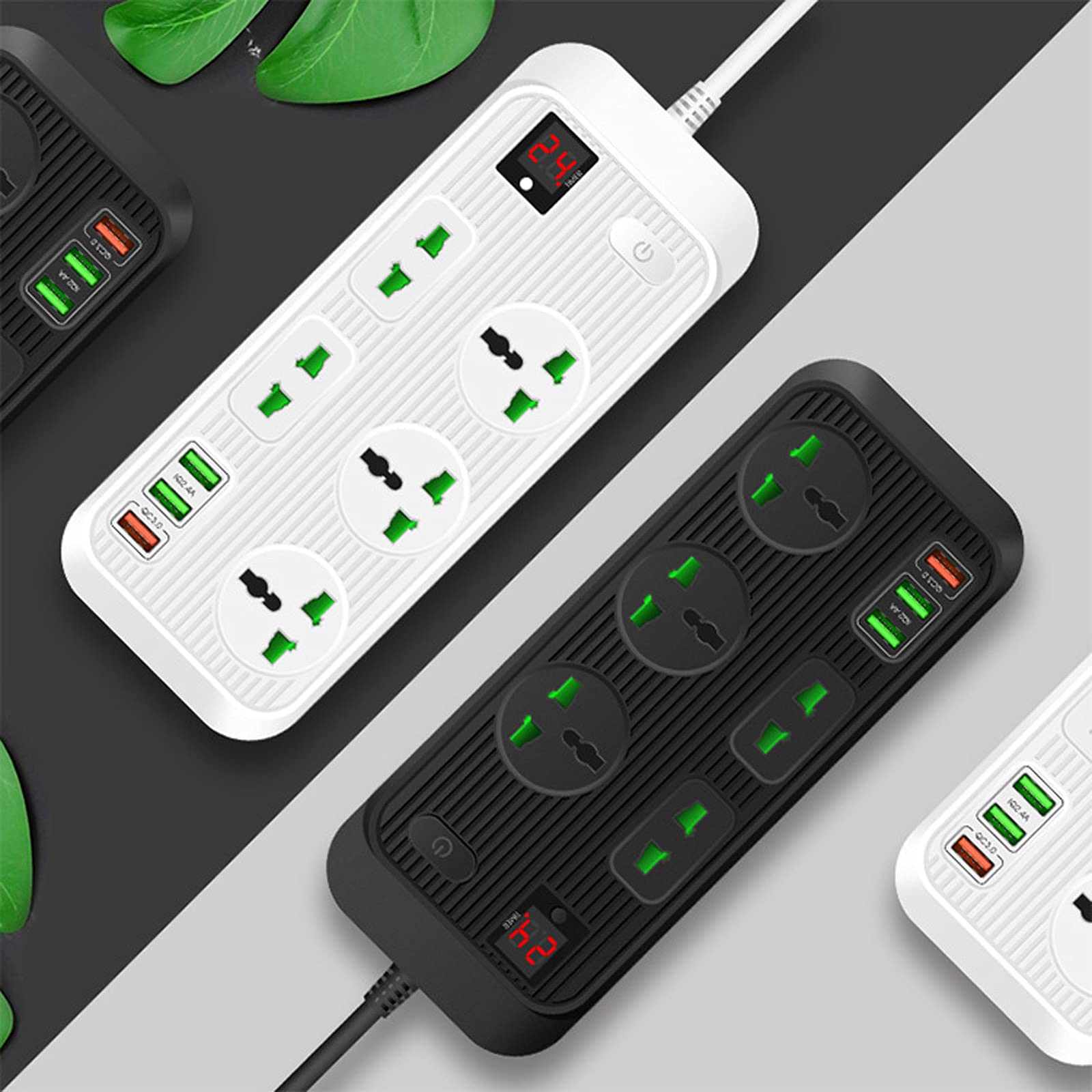 Multipresa, Multipresa Elettrica Con USB Ciabatta Con 5 Prese Elettriche E 3 Porte Di Carica USB Un Interruttore Di Controllo Con Protezione Da Sovraccorrente 3000W 16W 5V 16A Cavo 2M,Black+white