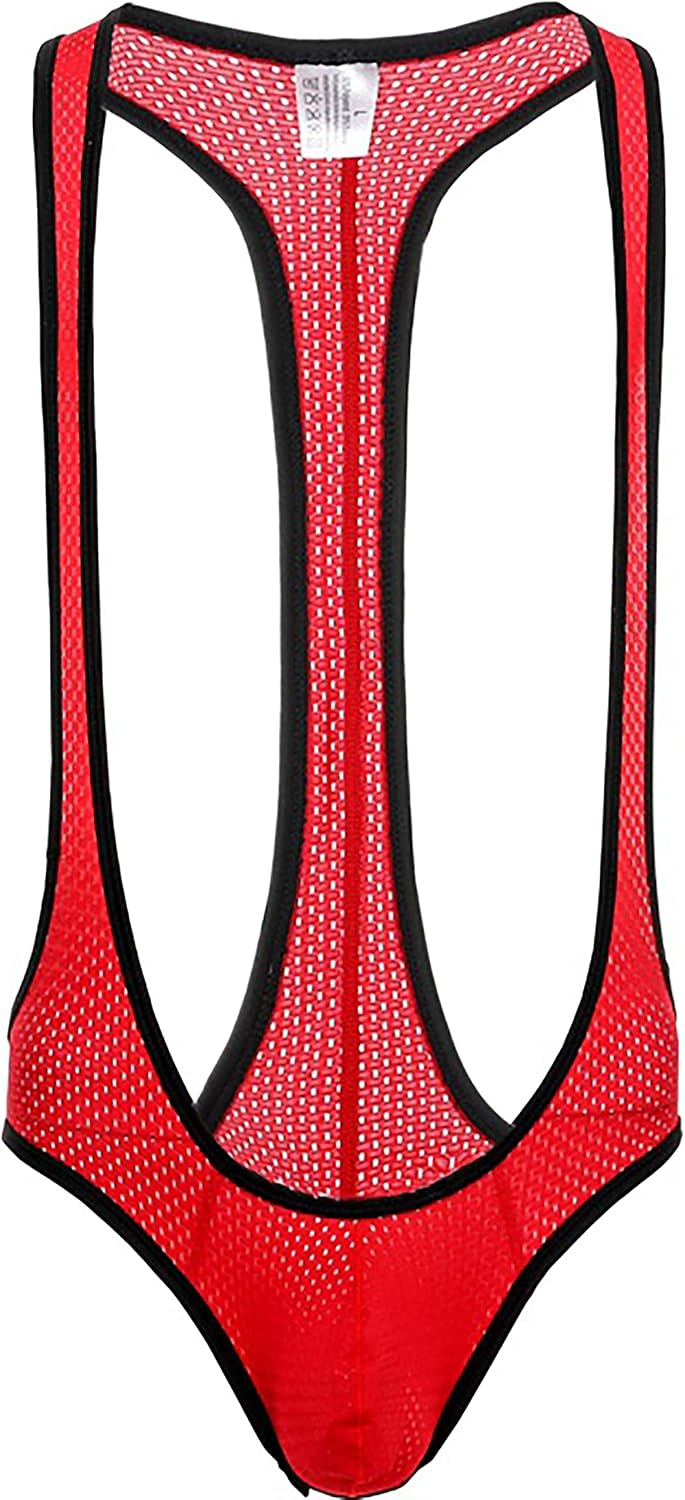 Faringoto Men's One Piece Mesh Fishnet See Through Jumpsuits Suspenders