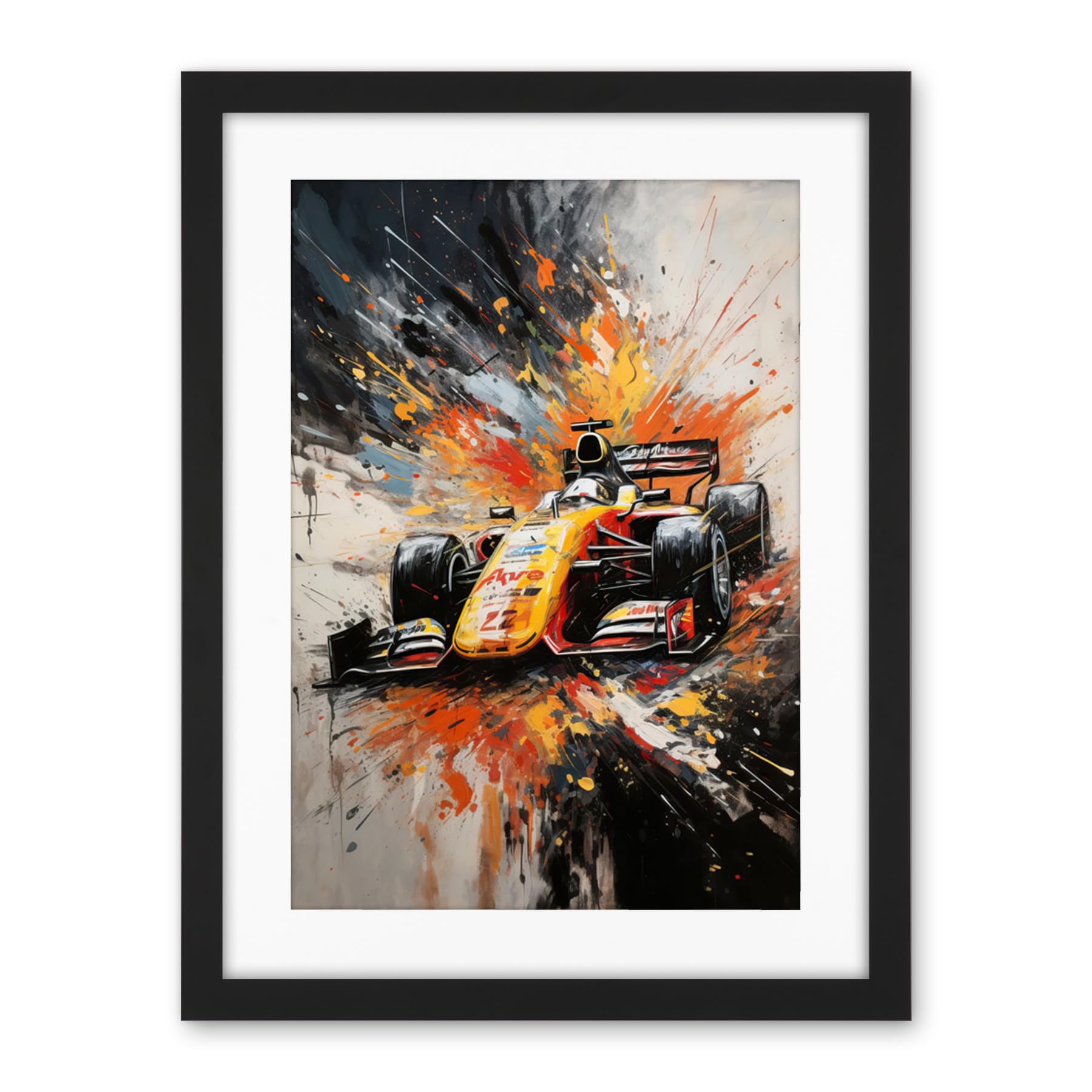 Artery8 Yellow Race Car Racing Scene Modern Spatter Art Artwork Framed Wall Art Print 18X24 Inch