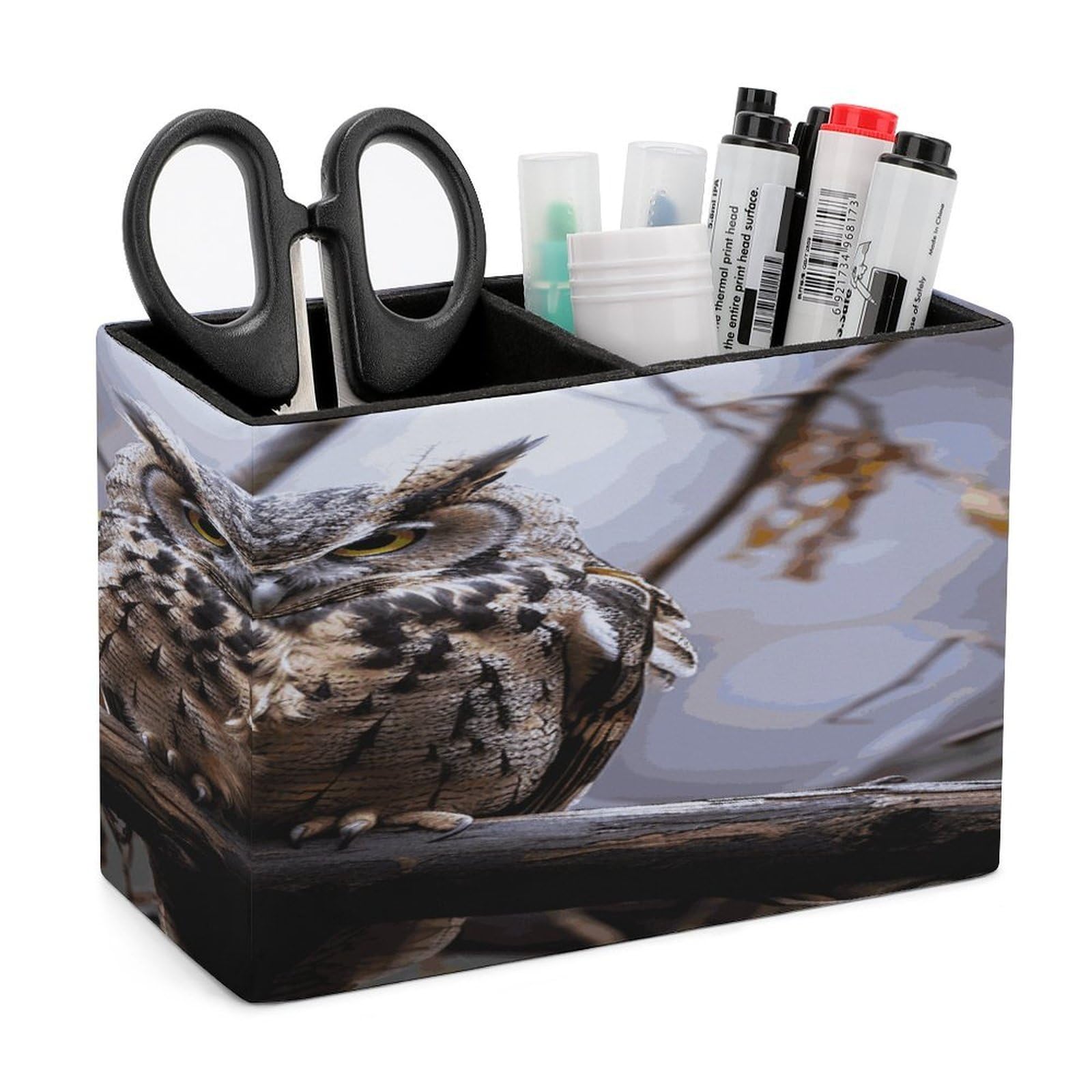 LDGSUPH Owl on A Branch Leather Pen Holder for Desk Organizer Caddy Large Pencil Cup Multi-function Pencil Holder Makeup Brush Holders Pen Organizer for Home Office Storage Box