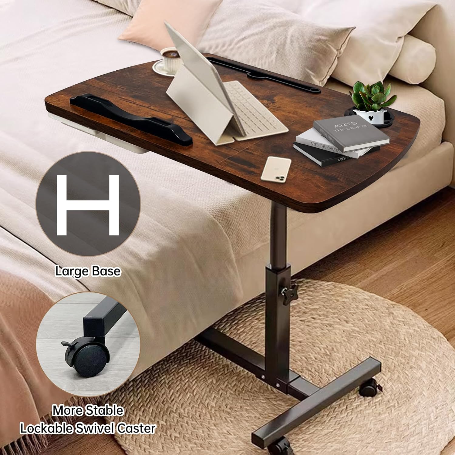 Medical Adjustable Overbed Bedside Table with Wheels, Mobile Standing Desk Laptop Computer Cart with Phone Holder and Drawer for Hospital and Home Use