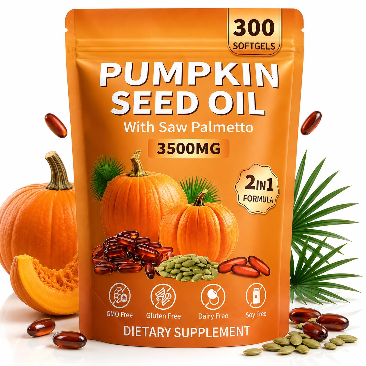 Pumpkin Seed Oil with Saw Palmetto - 3500mg, 300 Softgels | Cold Pressed, Pure Virgin Oil | Non-GMO, No Fillers | Supports Hair, Urinary & Prostate Health