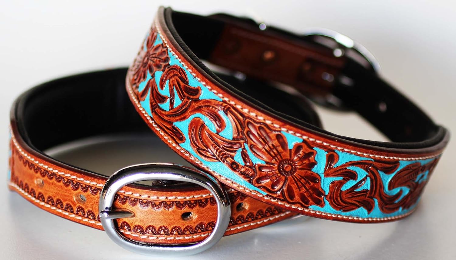 Medium 17''- 21'' Dog Puppy Collar Hand Tooled and Painted Cow Leather Western 6047