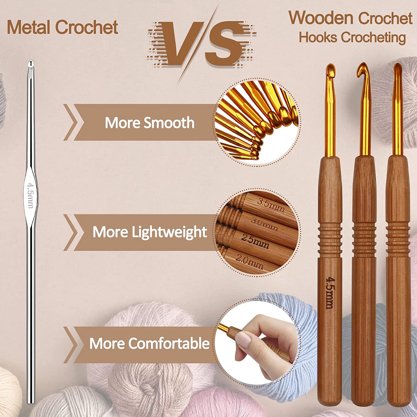 Pwshymi Crochet En Bambou 15 Pièces Crochets Grande Poignée Ergonomique Bambou Crochet 15mm/20mm