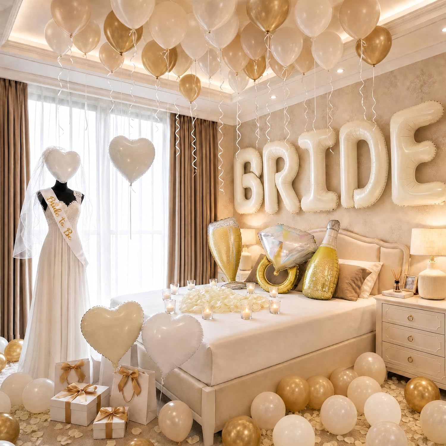 40 inch BRIDE Balloons Bachelorette, Bachelorette Party Decorations, White and Gold Balloons Large Ring Glass Foil Balloons Bride To Be Sash, Veil for Engagement Wedding Bridal Shower Decorations