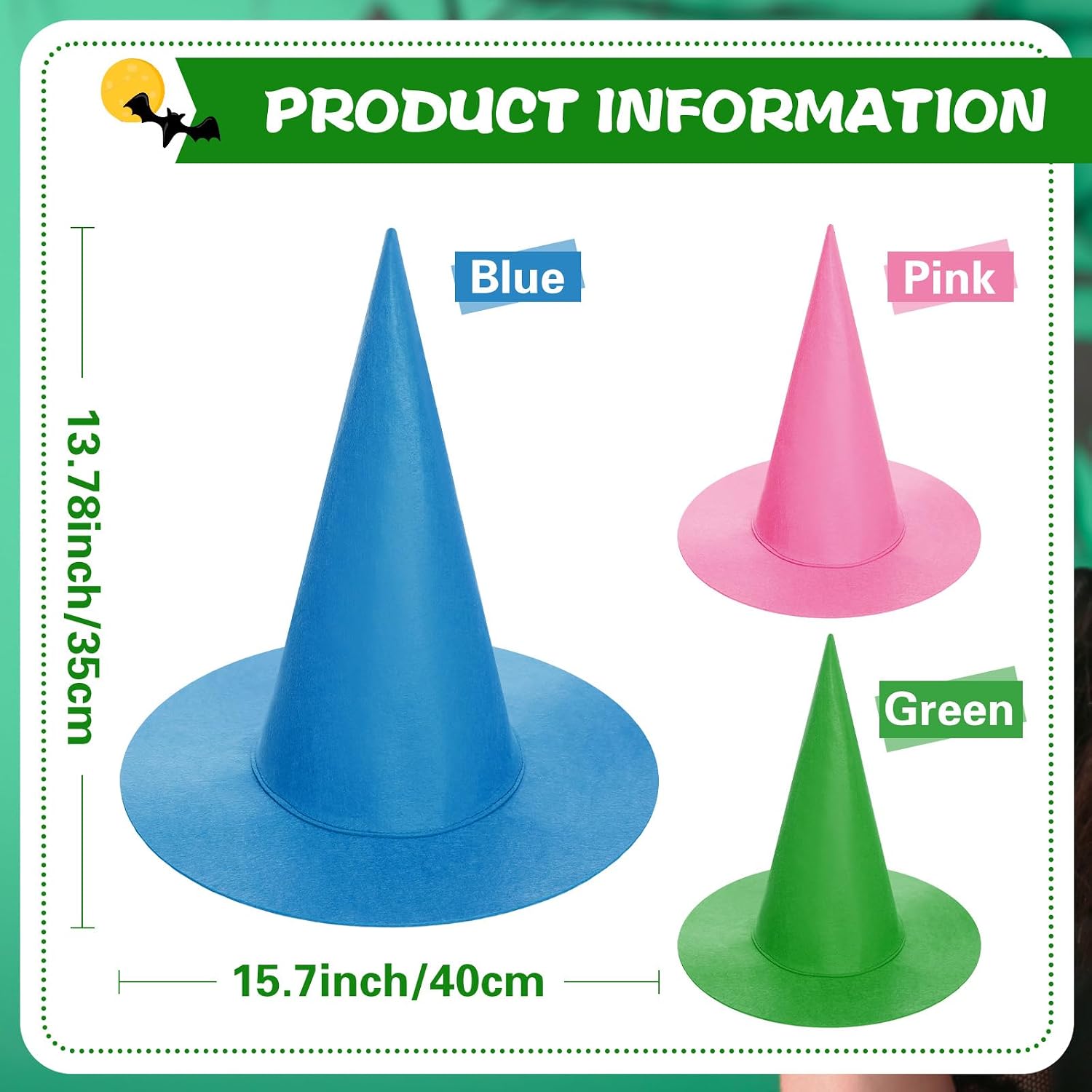 3 Pack Witch Hats with Tulle, Pink Green Blue Pointed Halloween Fairy Hats