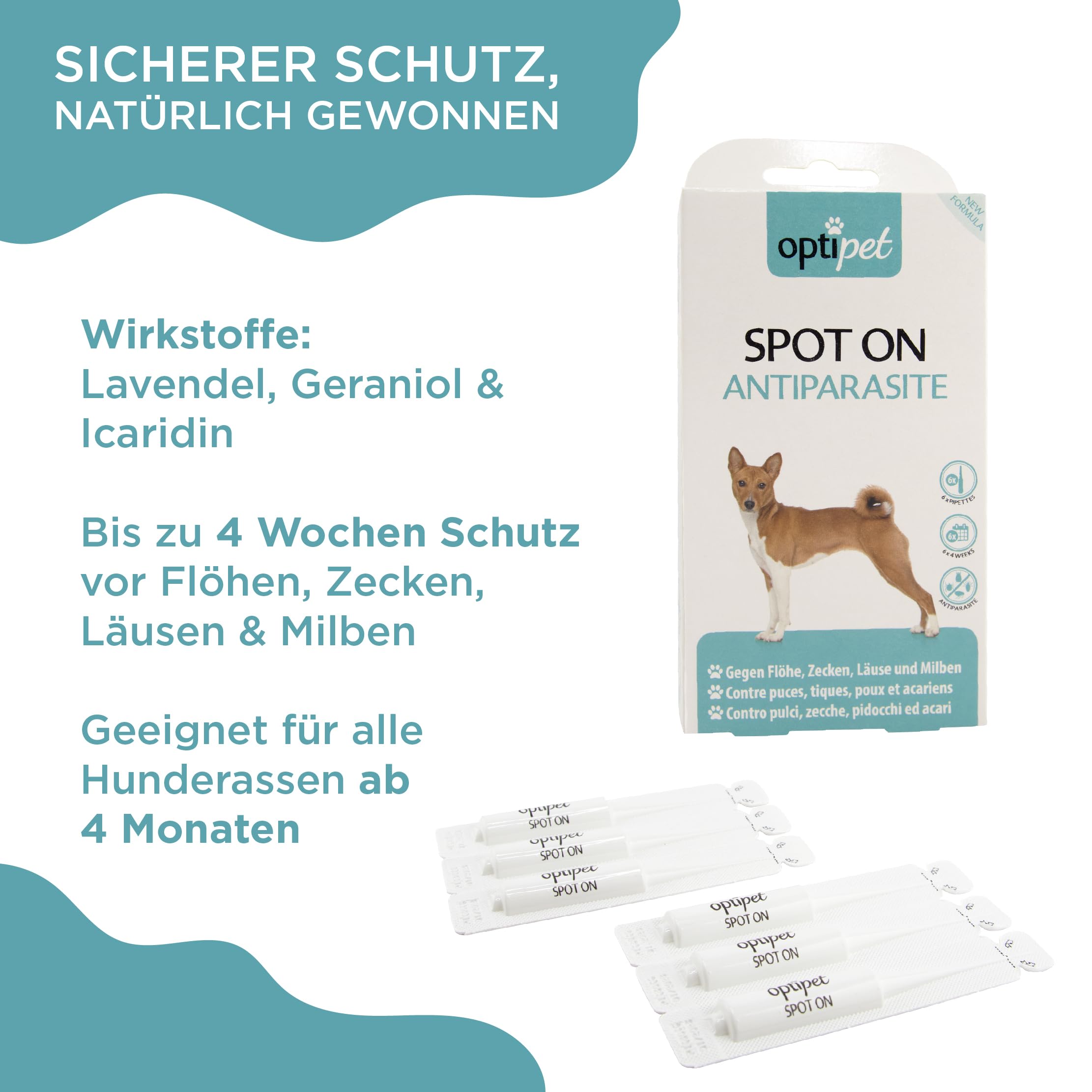 OptiPet Spot On 6x1,5ml Pipetten für Hunde, Hochwirksam bis zu 24 Wochen gegen Milben, Flöhen, Zecken, Läusen