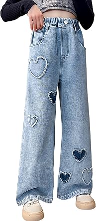 AOWKULAE Girls Jeans Baggy Elastic Waist Wide Leg Denim Pants with Pockets | Back to School Clothes,High Waist Loose Tween Jeans,Y2K Streetwear,Cargo Pockets,Daily Outfits,Casual Comfort Trousers,5-14Y
