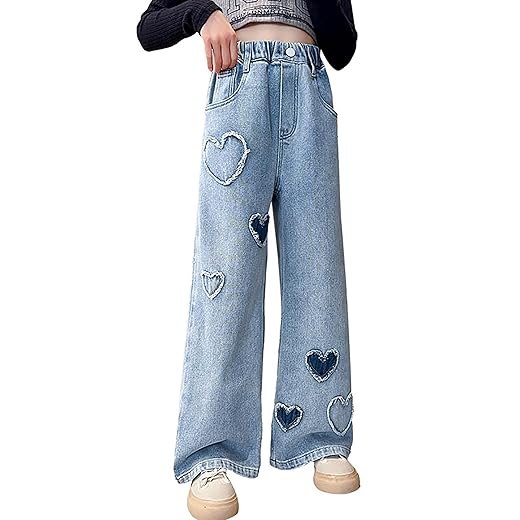 AOWKULAE Calça jeans feminina elástica Wasit perna larga jeans infantil 4-14 anos