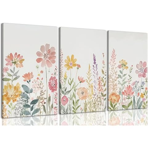 ZQARTZZQ Framed Colorful Wildflower Canvas Wall Art, Floral Wall Art, Watercolor Flower Wall Decor Flowers Pictures Prints Floral Painting Set of 3 for Living Room Girls Bedroom Bathroom 12x16in