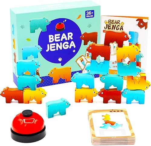 timecity Juguetes Montessori apilables de madera para niños de 3 a 7 años de edad, con forma de oso, bloques con tarjetas, rompecabezas de tangram,