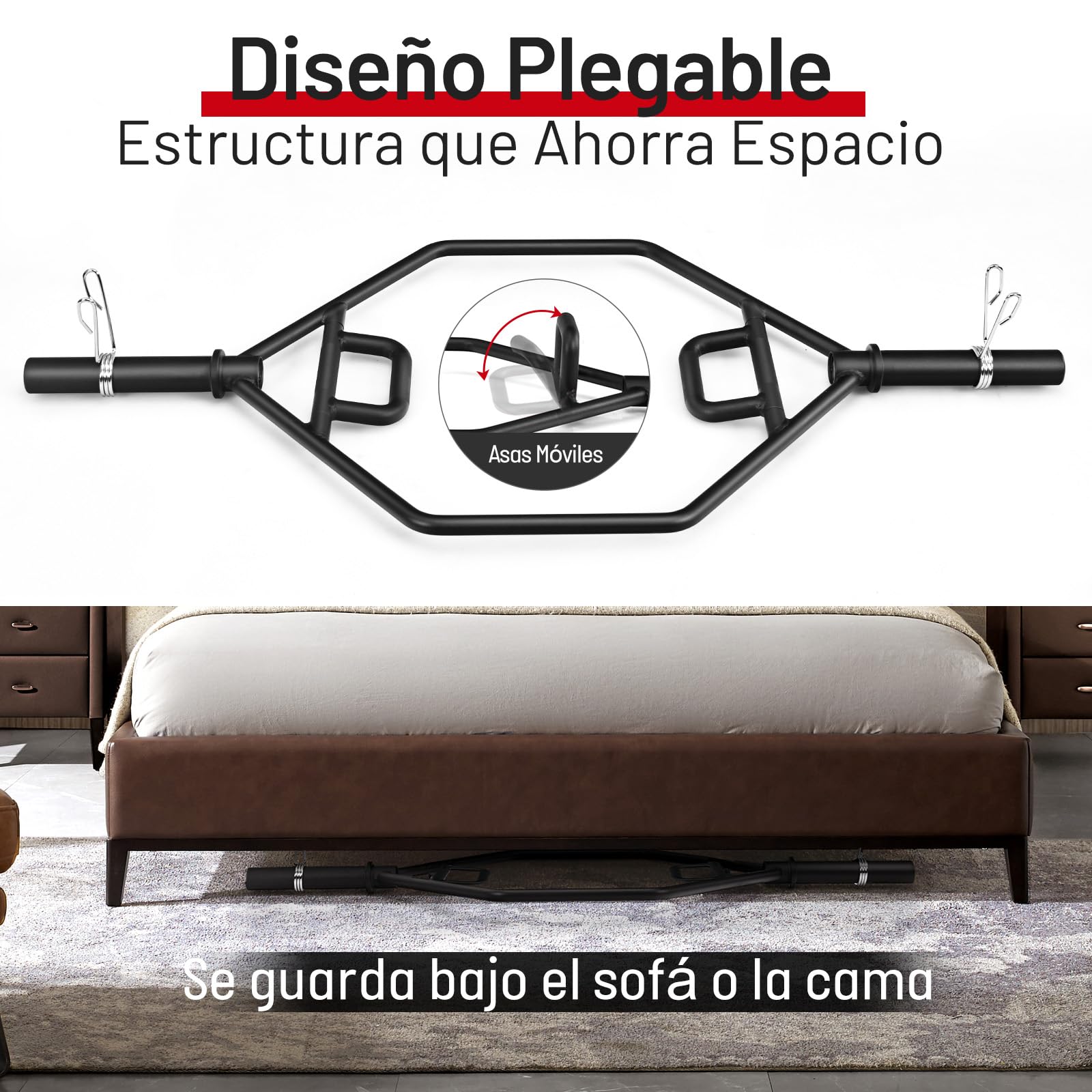 GYMAX Barra Hexagonal Olímpica, Barra Trapezoidal para Entrenamiento de Fuerza con Manguitos Cargables y Collares de Resorte de 26 cm, Barra de Encogimiento de Pesas