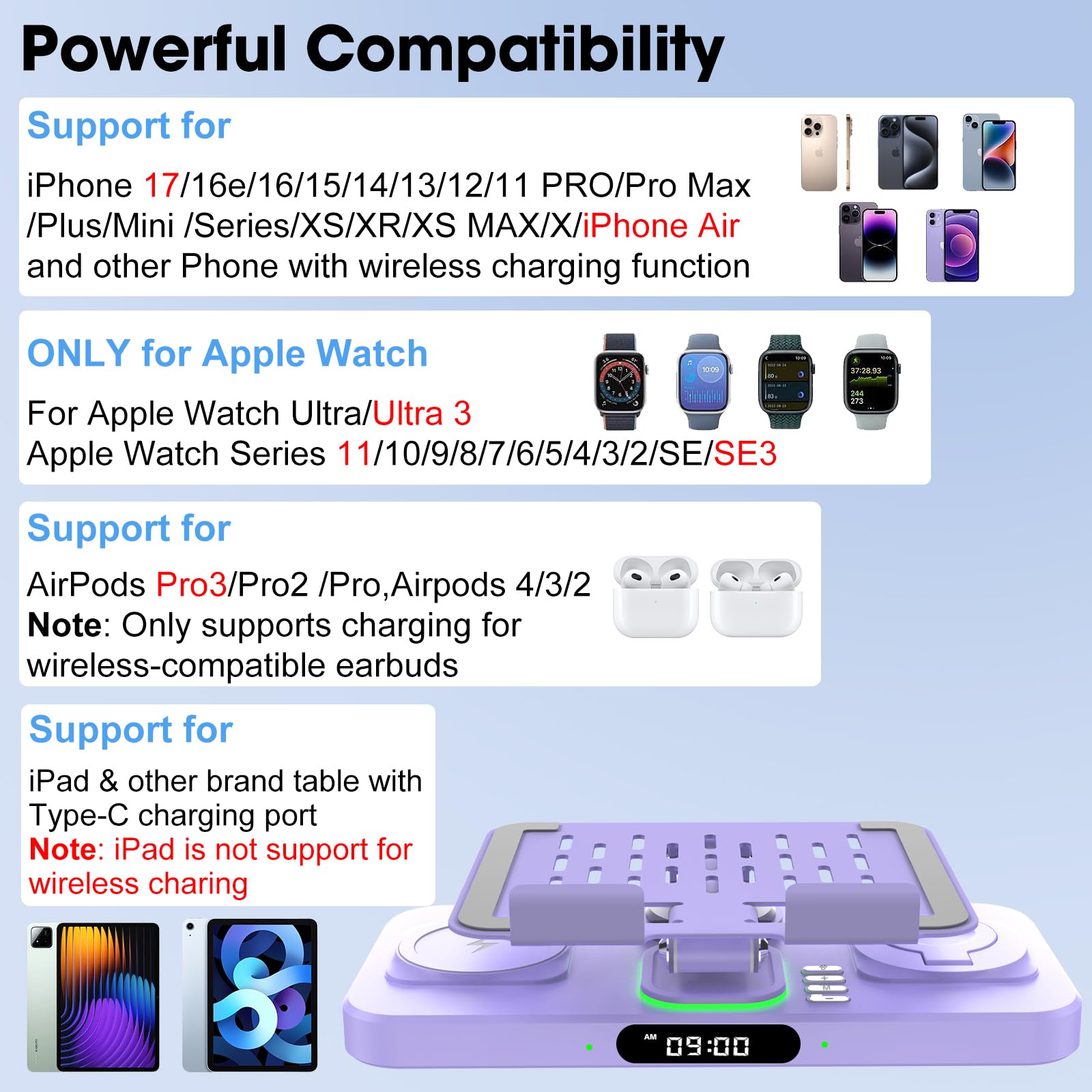Caricabatterie wireless 6 in 1 per dispositivi Apple, stazione di ricarica con orologio e luce ambientale a 7 colori, supporto girevole pieghevole per iPad, per iPhone17/16/15, supporto per Apple