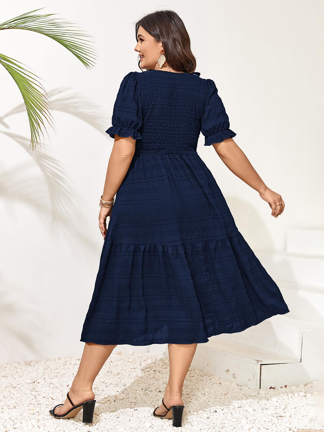 SCOMCHIC Vestidos de Verano para Mujer, Talla Grande, Casual, Manga Corta, Cuello Redondo, Fruncido, con Volantes, Bohemio, para Fiesta, Azul Marino, XXL Más