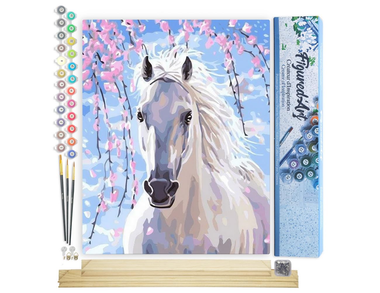 Figured'Art Paint by Numbers for Adults White Horse and Flowers 40x50cm - Craft Art Painting Rolled Canvas with DIY Wooden Frame