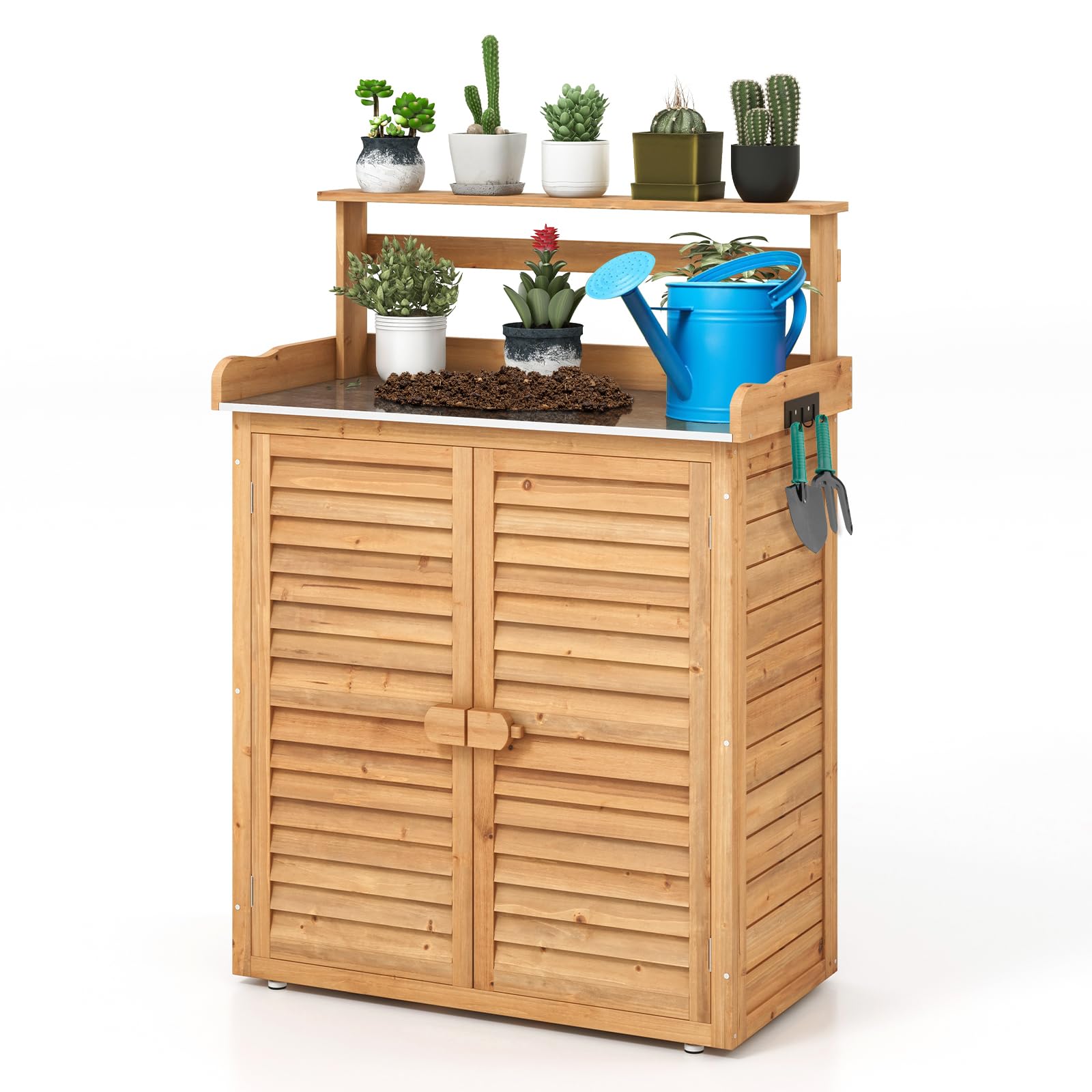 GOPLUS Pflanztisch mit Unterschrank, Gärtnertisch Outdoor mit Stauraum (87 x 45 x 120 cm-Natur)