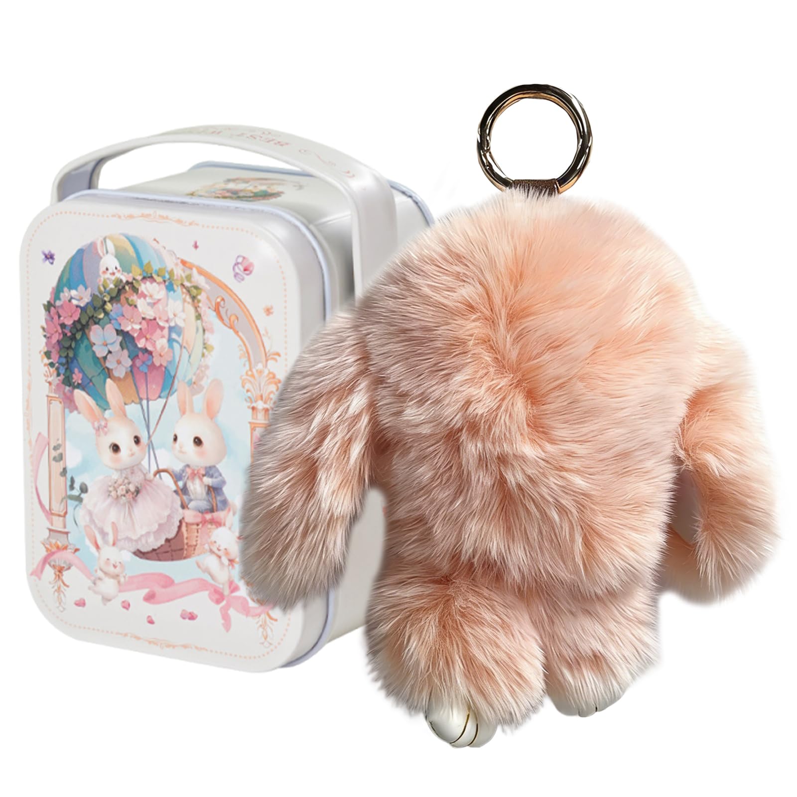 Fluffy Bunny Keychain for Women, Cute Furry Rabbit Plush Bag Charm, Soft Pom Pom Bunny Keyring with Gift Box, Kawaii Plush Keychain for Backpack, Car, Purse Decor（Orange）