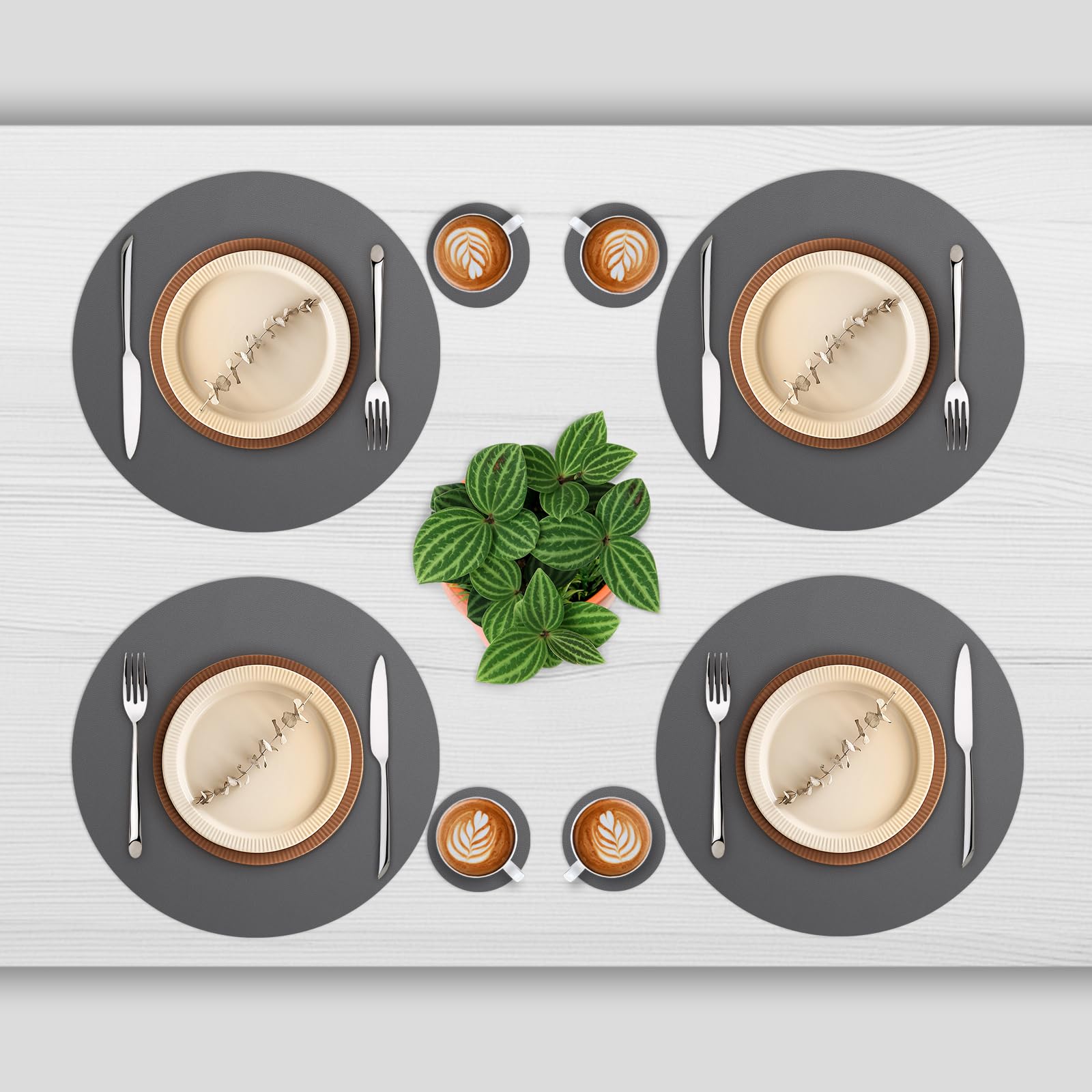 Myir JUN Round Table Placemats Set of 4 Faux Leather Place Mats and Coasters 15 inch Round Dual Sided Placemats Non-Slip Wipe Clean Stain Resistant (Gray Gray,Set of 4) - Image 2