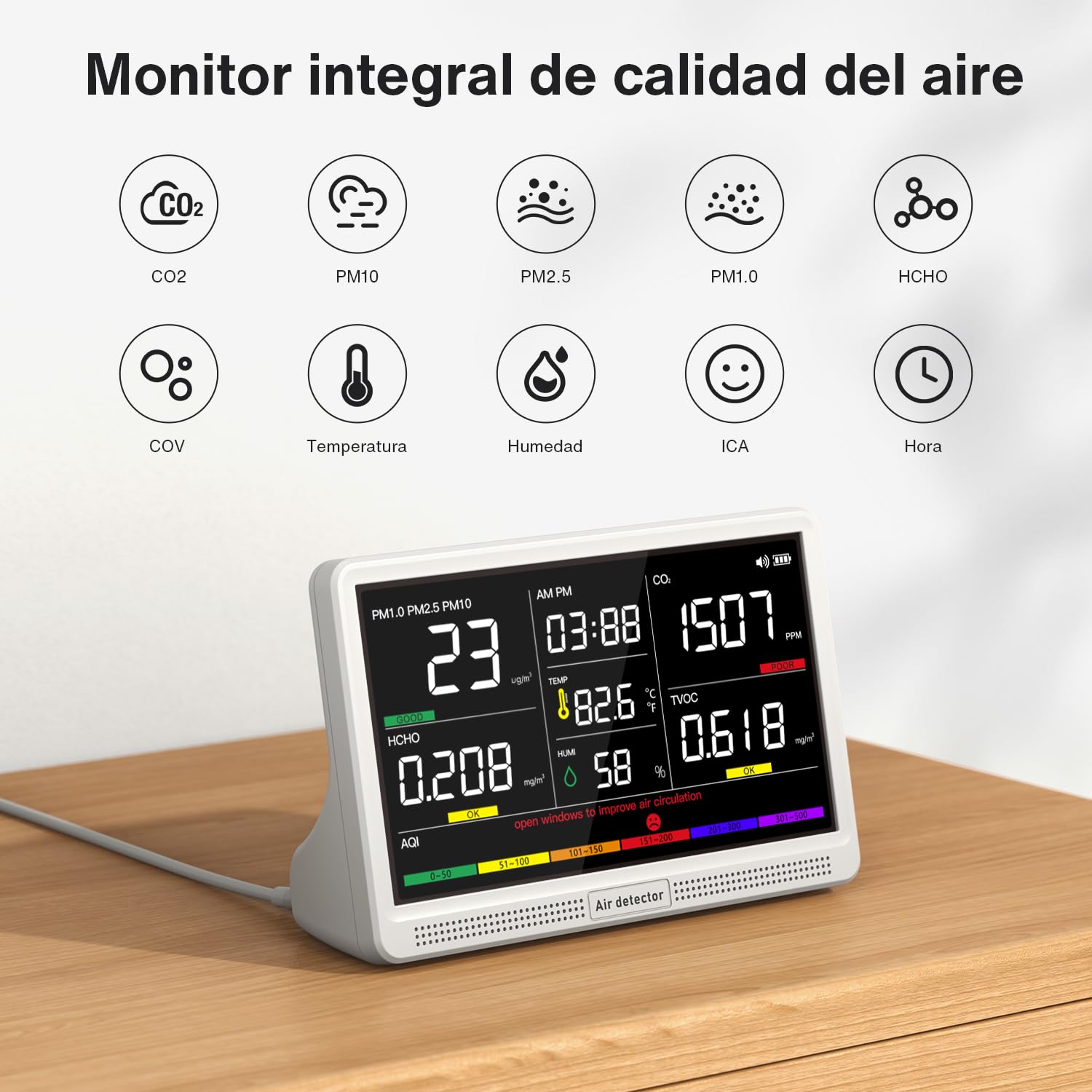 bonoch 16 en 1 Appareil de Mesure de la Qualité de l'Air Écran 7" – 9 Paramètres AQI + 7 Alertes – Détecteur de COV, CO2, PM2.5 PM1.0 PM10, HCHO (Air Quality Monitor) Température, Humidité, AQI, Heure