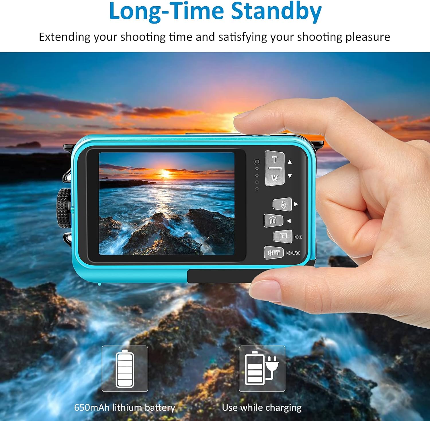 Waterproof Camera Full HD 2.7K 48 MP Underwater Camera Video Recorder Selfie Dual Screens 16X Digital Zoom Flashlight Waterproof Digital Camera for Snorkeling