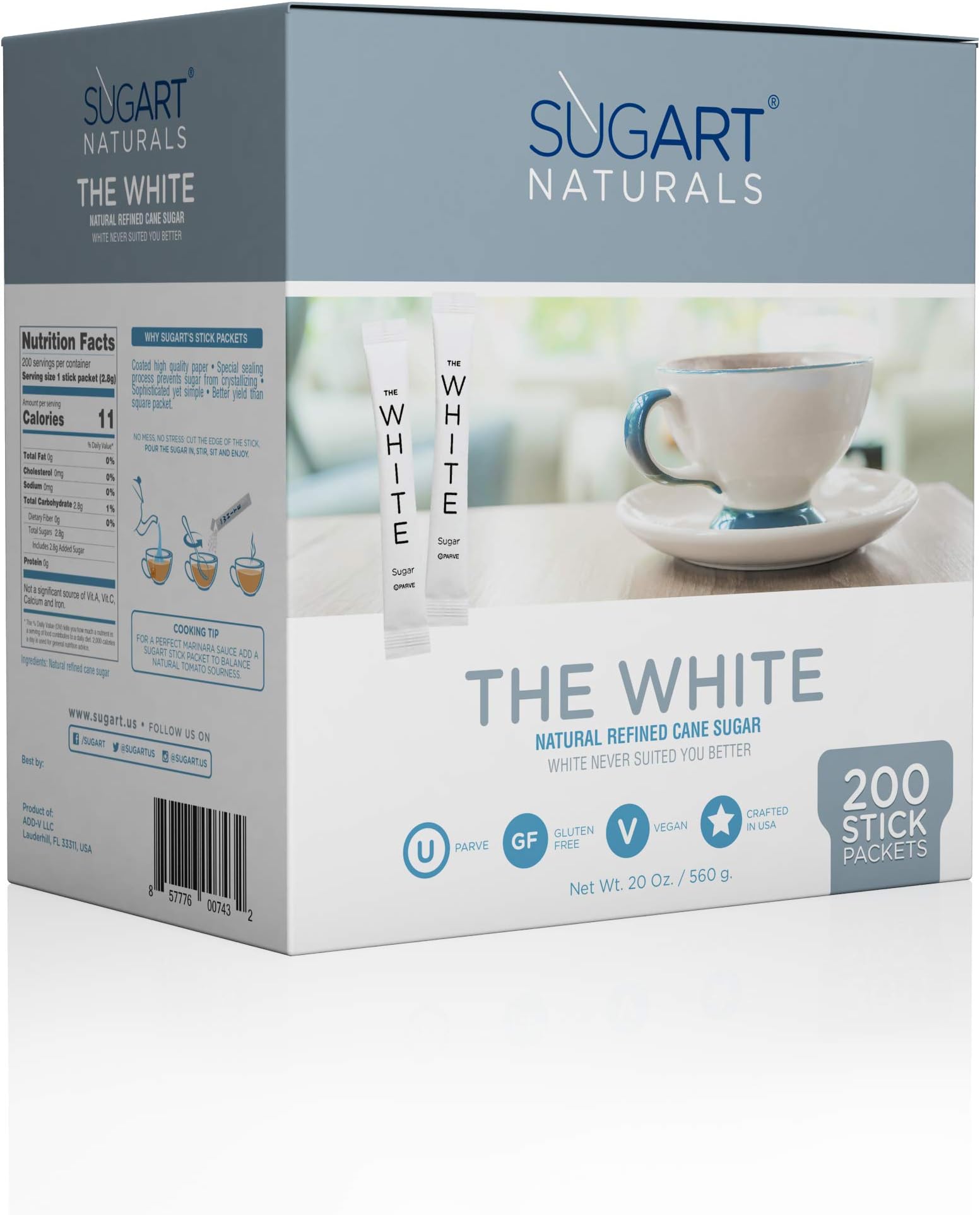 SUGART - THE WHITE SUGAR - 200 Individual Serving Stick Packets - U Parve/Kosher