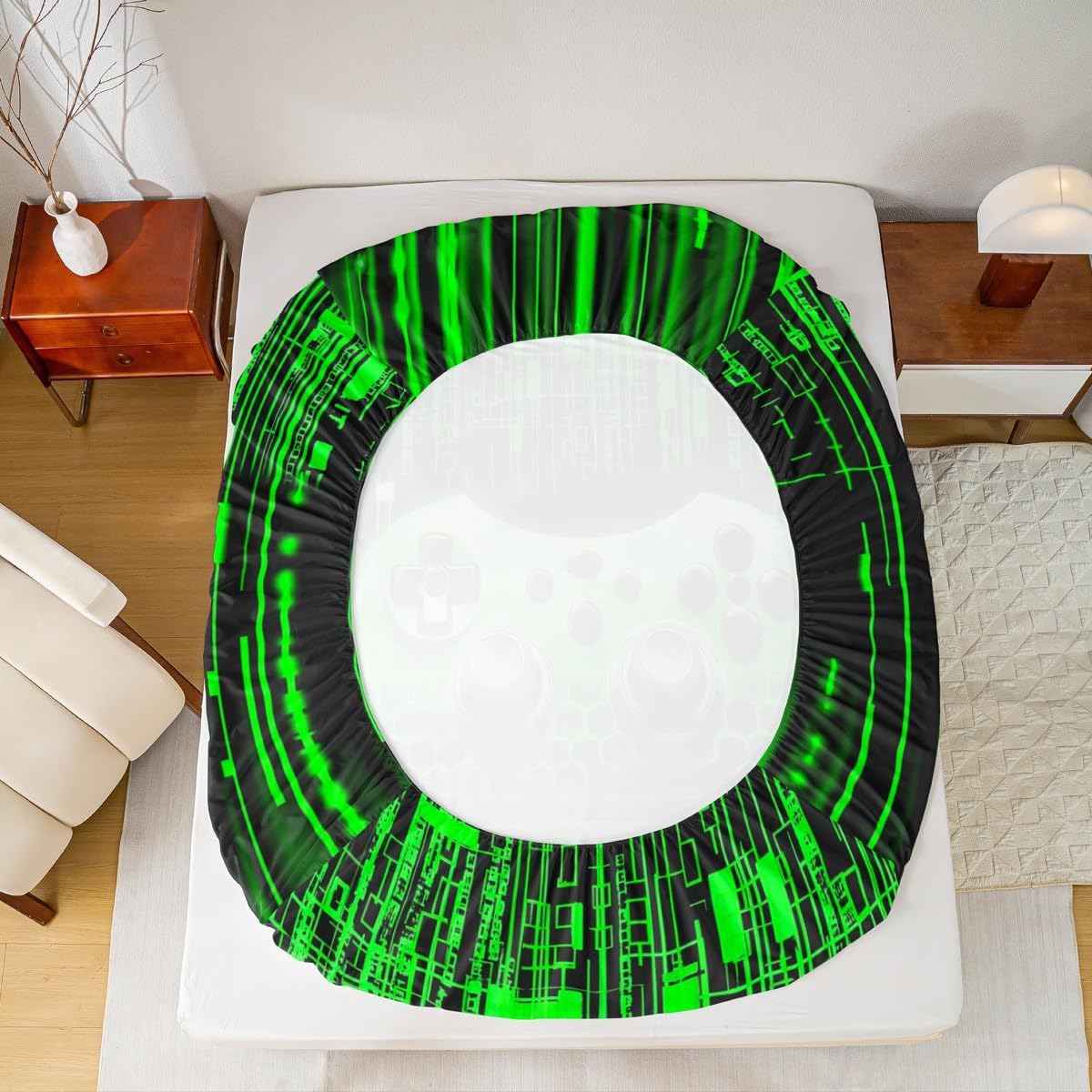 Gaming Gamepad Kids Sheet Queen Size,3D Neon Lights Geometric Bedding Set,Boys Girls Room Decor,Modern Videogames Gamer Controller Green Fashion Bed Sheet Set 4pcs(Fitted + Flat + 2 Pillowcases)