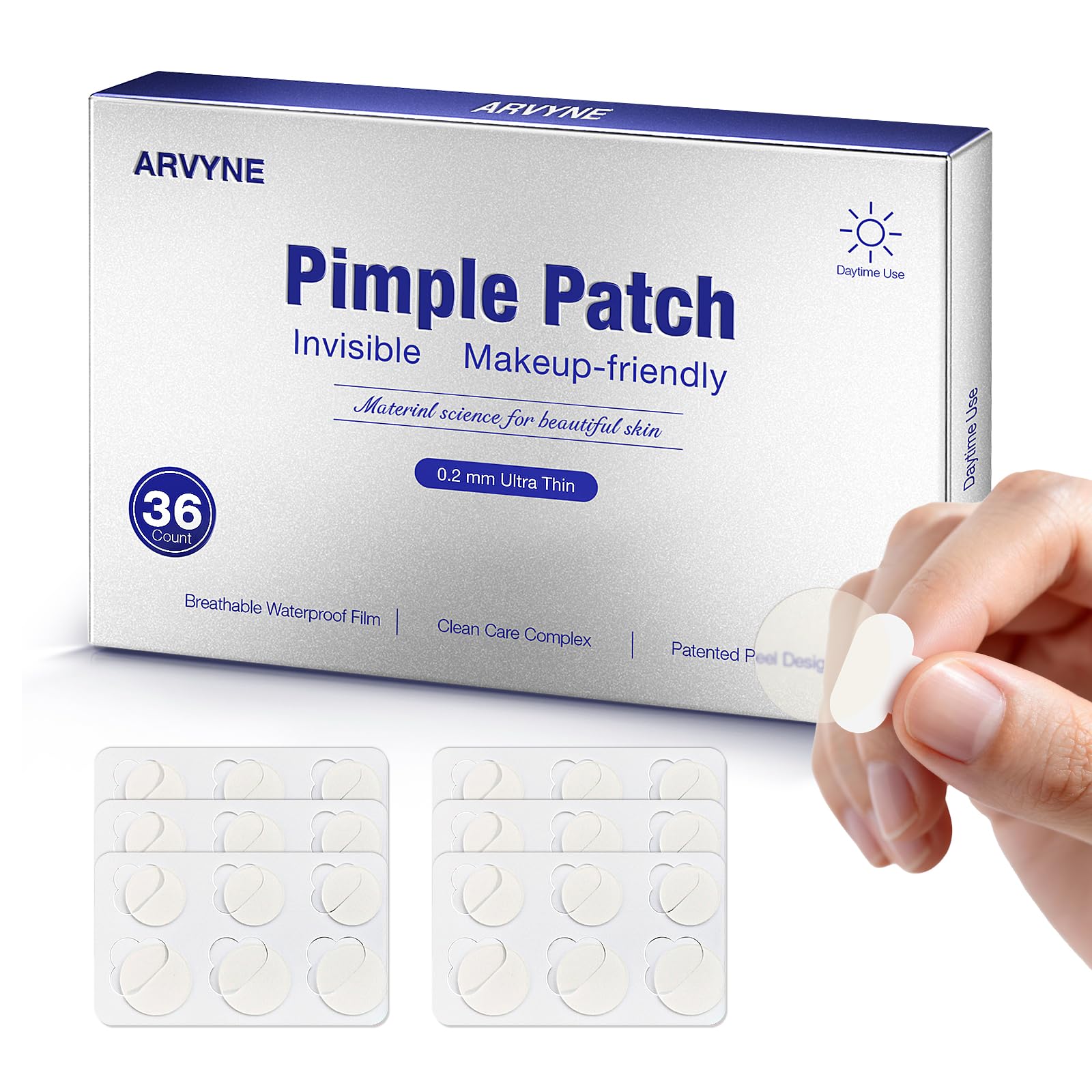 arvyne Invisible Daytime Pimple Patch–Ultra-Thin 0.2 mm Matte Hydrocolloid Acne Patch for Face, Makeup-Friendly with Waterproof Film, Clean-Care Complex, Patented Easy-Peel Design, 36 Count (Daytime)