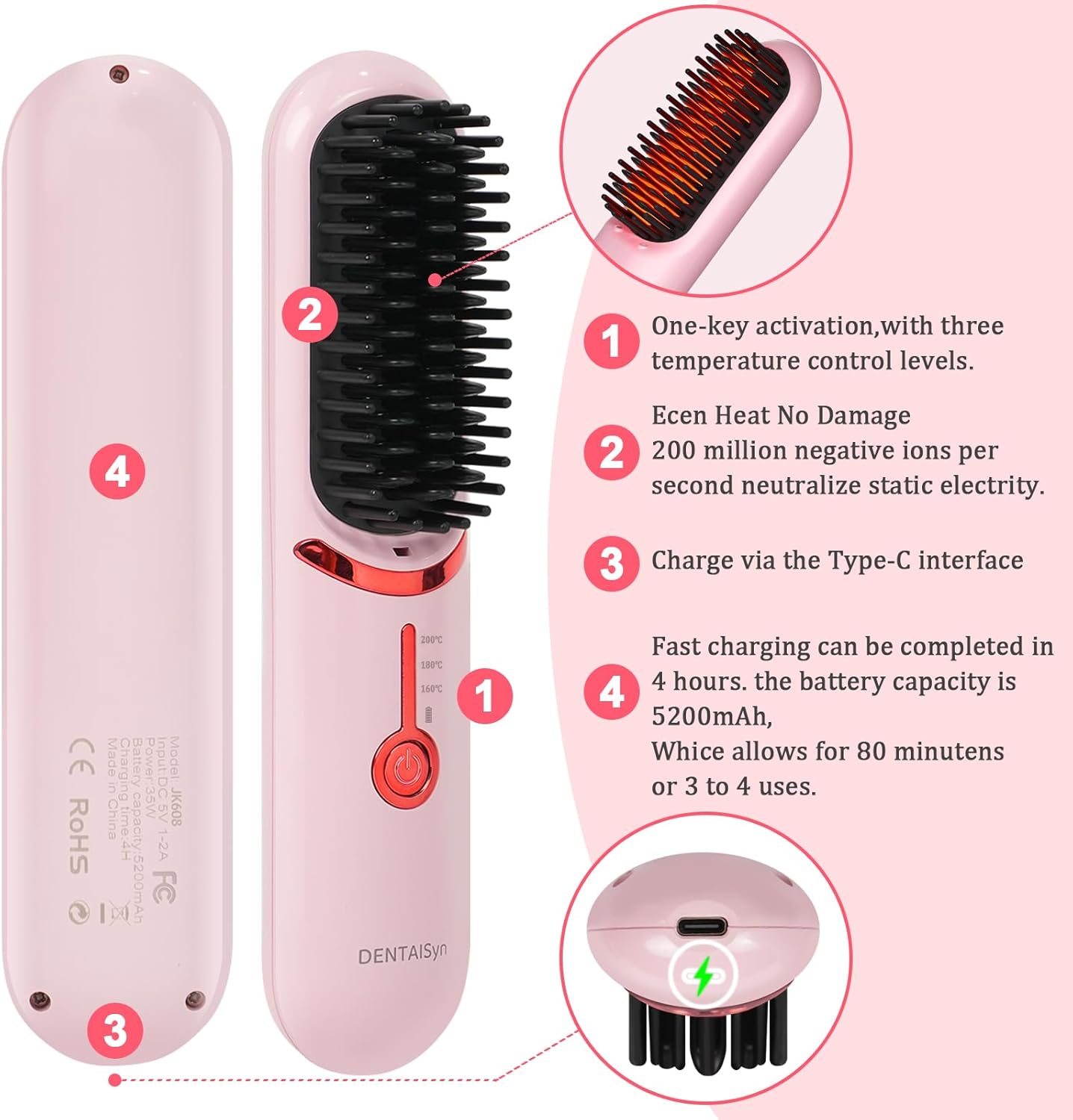 Cordless Hair Straightener Brush - Portable Hair Brush for Travel - 30s Fast Heating - Portable Straightening Brush for Travel, Mini Hot Straightening Comb for Women - Image 5