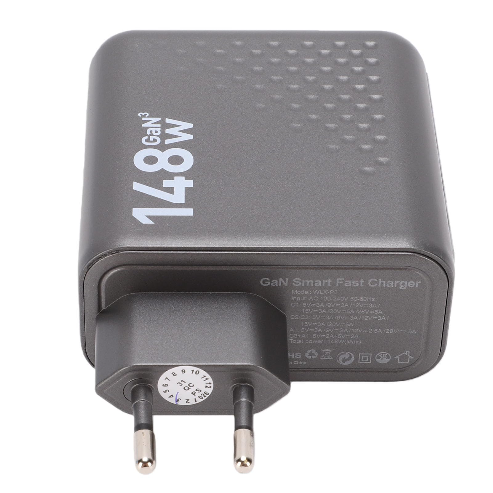 Jectse Bloque de Cargador USB C de 148W, Carga Rápida de 4 Puertos con Pantalla Mejorada AI y Enchufe Plegable, para Auriculares de Teléfono, Tableta y Portátil (Enchufe de la UE)