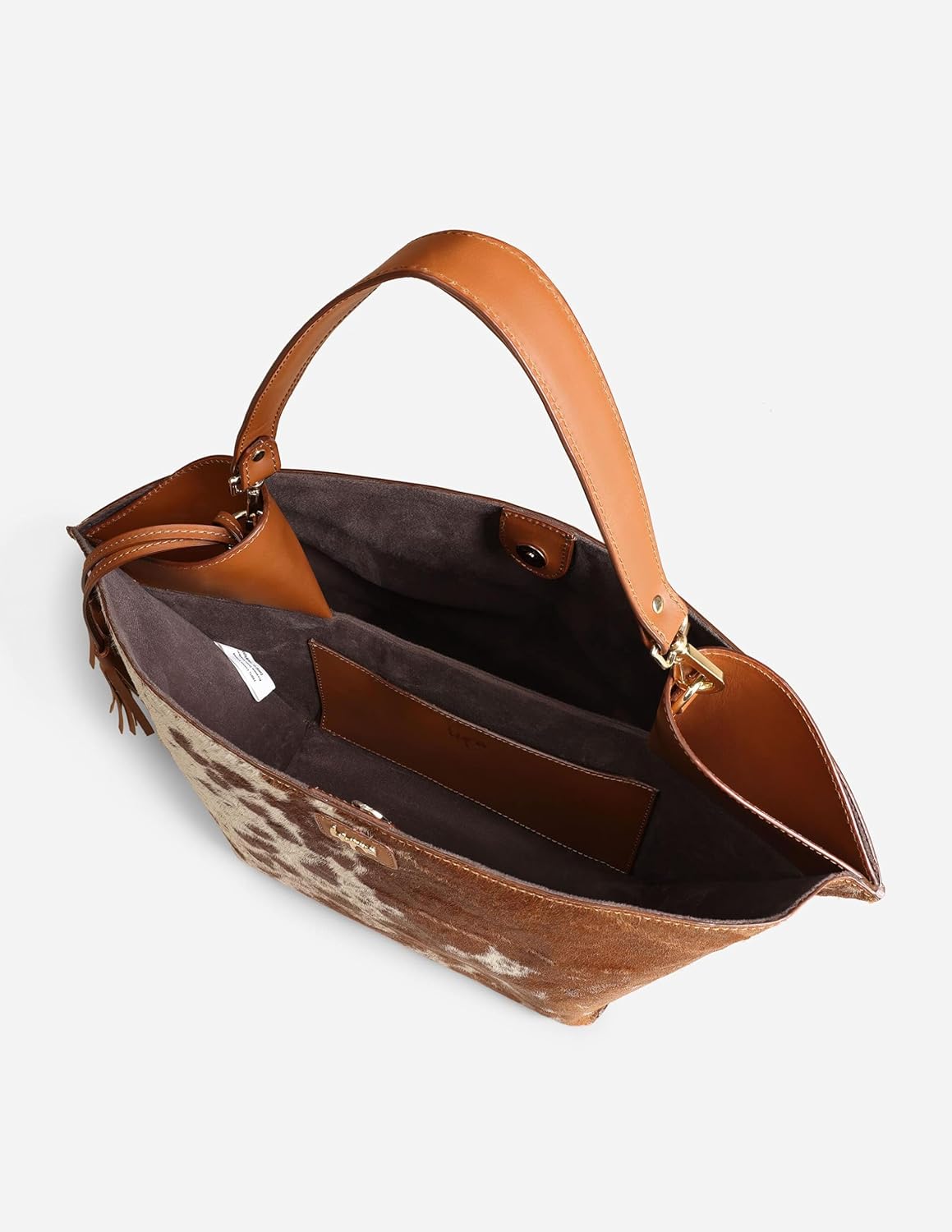 HYNA Reckless Opal Tassel Handbag – Tan & White Pattern | Premium Hair-on Cowhide & Full Grain Leather Shoulder Bag | Handmade Cowhide Purse for Women