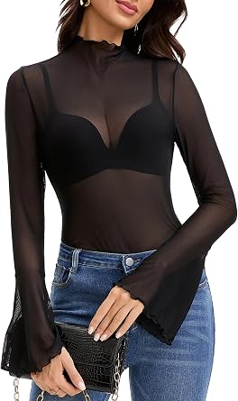 Mesh Tops for Women Long Bell Sleeve Blouses Sexy See Through Going Out Shirt Sheer Summer Outfits 2025