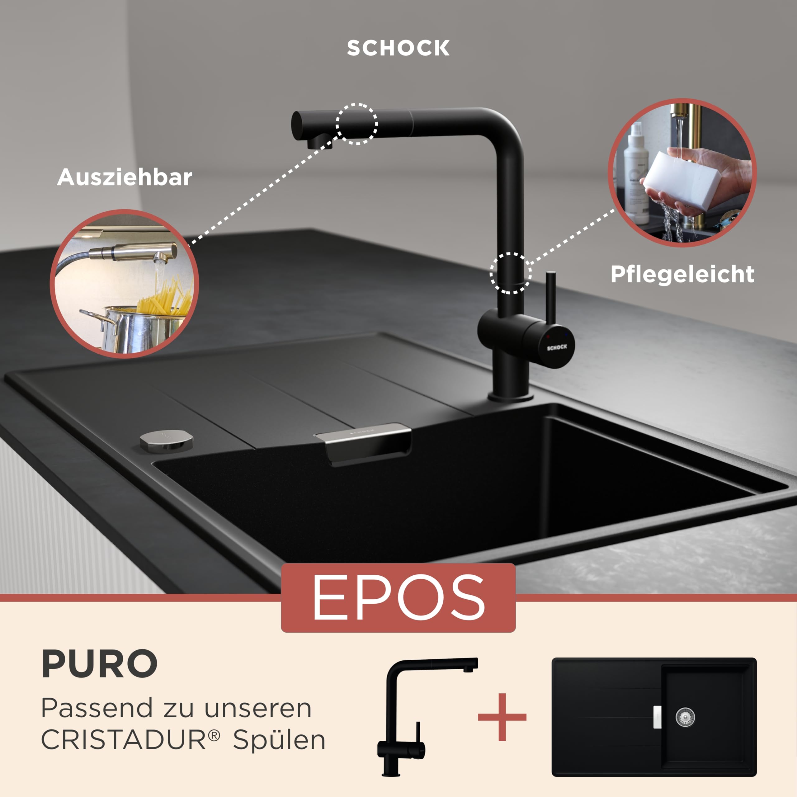 SCHOCK® Küchenarmatur EPOS Puro I schwarze Hochdruck Armatur mit ausziehbarer Schlauchbrause I 360° drehbar I Spültischarmatur für Küchenspüle I modernes Design I Einhebelmischer gebürstet