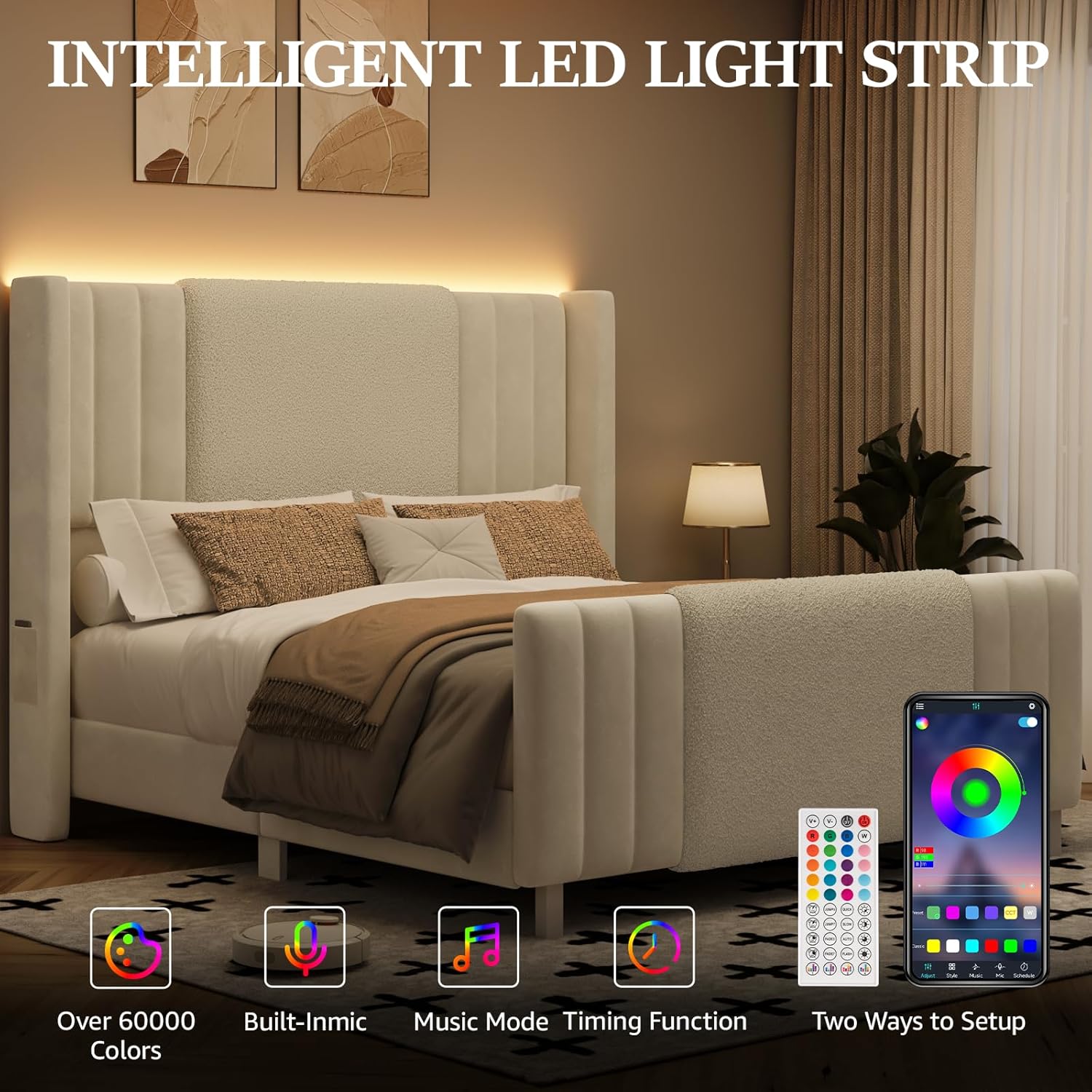 King Size Bed Frame with Tall Headboard and Footboard, Boucle and Velvet Upholstered Bed Frame King with LED Lights, Modern Platform Bed Frames, Noiseless, Easy Assembly, White