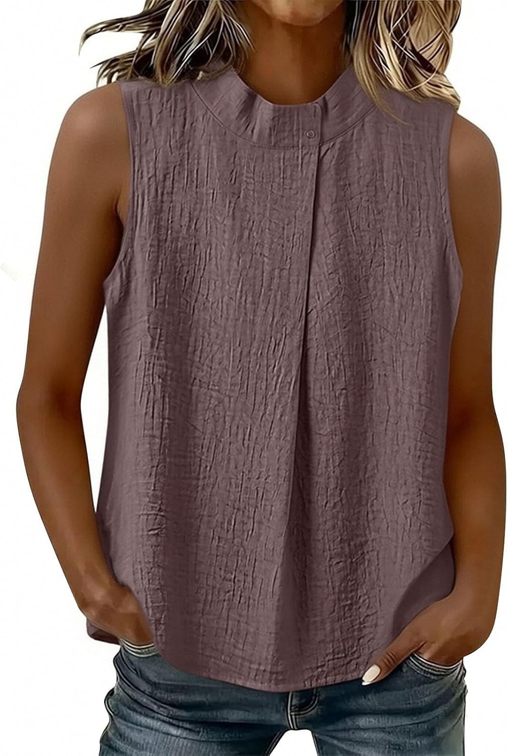 Cotton Linen Tank Top for Women Summer Sleeveless Round Neck Loose Flowy Shirts Lightweight Lounge Casual Clothes