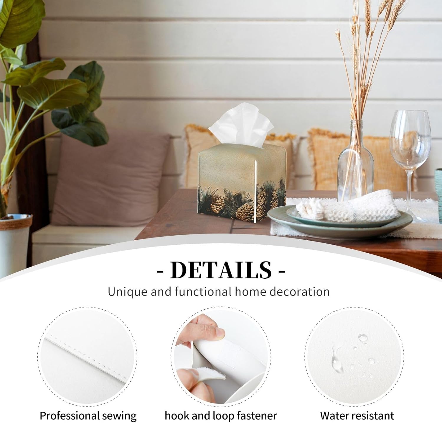 Pine Cone Border Printed Tissue Box Cover Modern Leather Rectangular Tissue Box Holder Tabletop Decorative Organizer for Home Office Car image 2