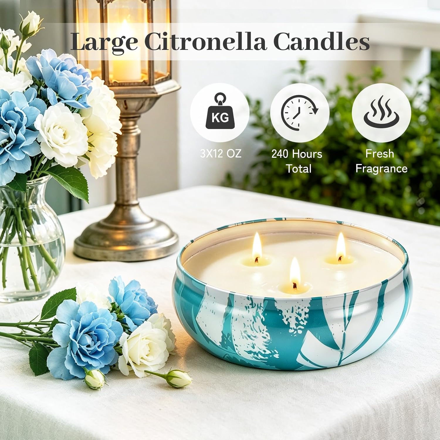 Citronella Candles Outdoor, Large Citronella Candles with Lids 36 OZ 3 Wicks Natural Soy Wax 240 Hours Long Lasting Burning Summer Candle for Patio Garden Yard Balcony Camping Party Indoor, 3 Packs