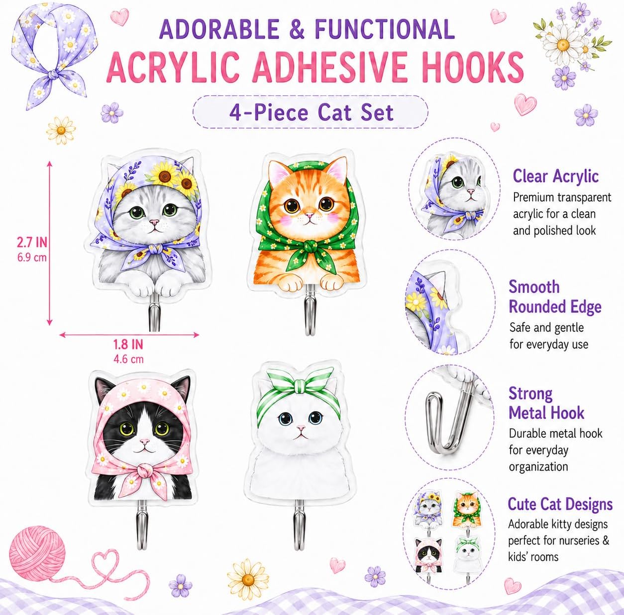 4 PCS Cat Nursery Decor, Kawaii Cat Nursery Wall Hooks for Boys Girls Kids Bedroom Funny Animal Pattern Acrylic Coat Hooks for Baby and Toddler Bedroom Playroom Classroom and Decorations