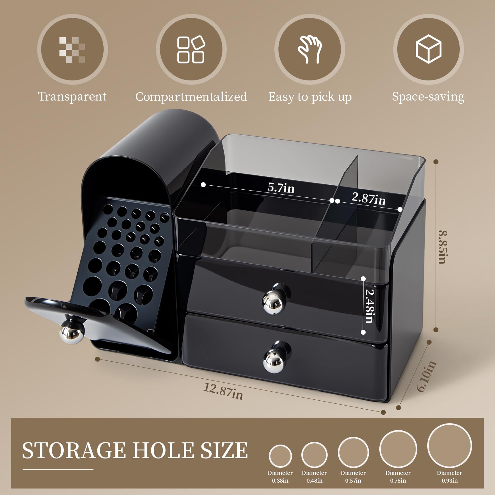 Organizador de brochas de maquillaje con tapa a prueba de polvo de cierre completo, organizador de cosméticos de tocador con 2 cajones para tocador o encimera de baño