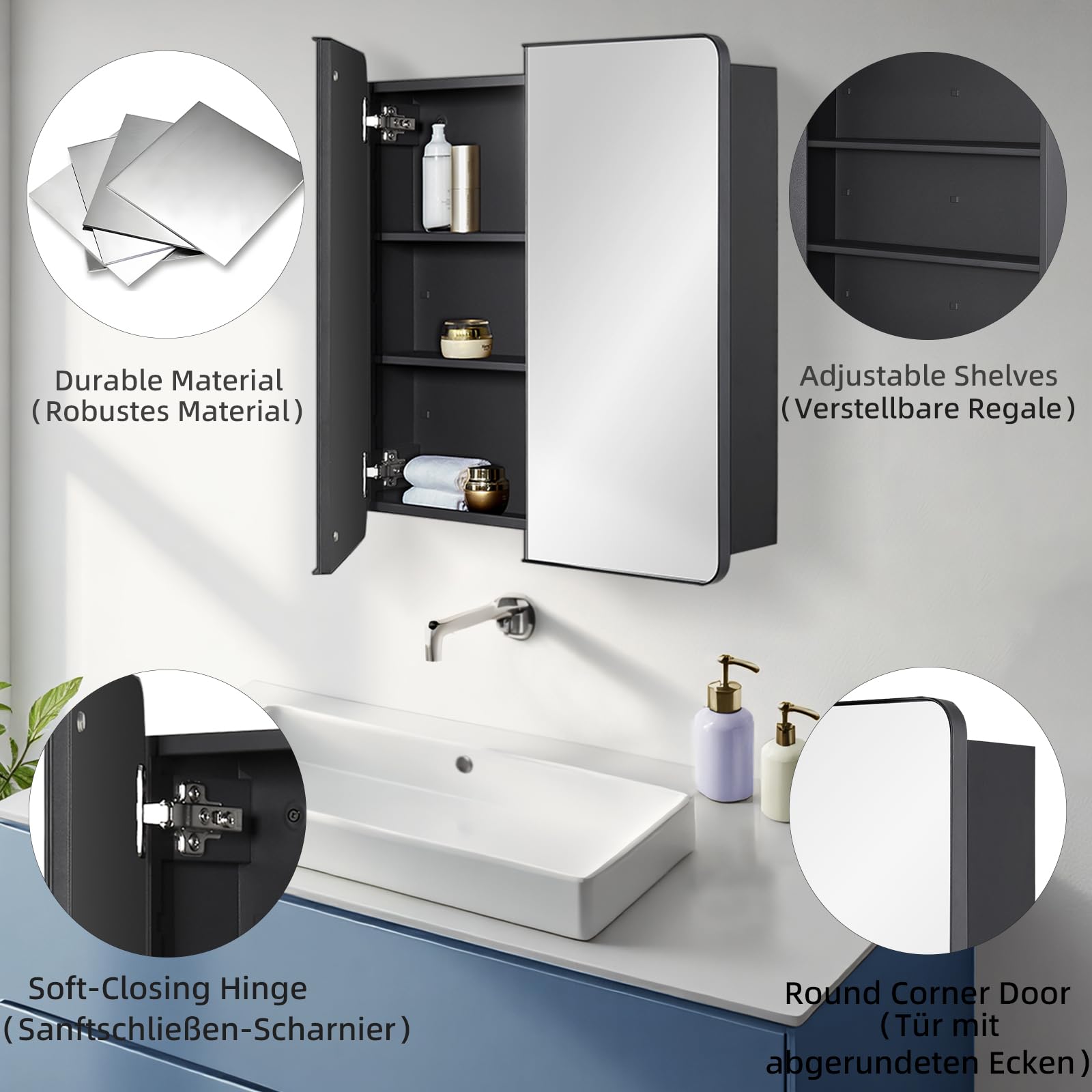 Fundin Armario con espejo de baño con espacio de almacenamiento, puertas dobles, marco de metal con esquinas redondas, estantes ajustables, color negro mate, montaje en superficie, 60 x 65 cm