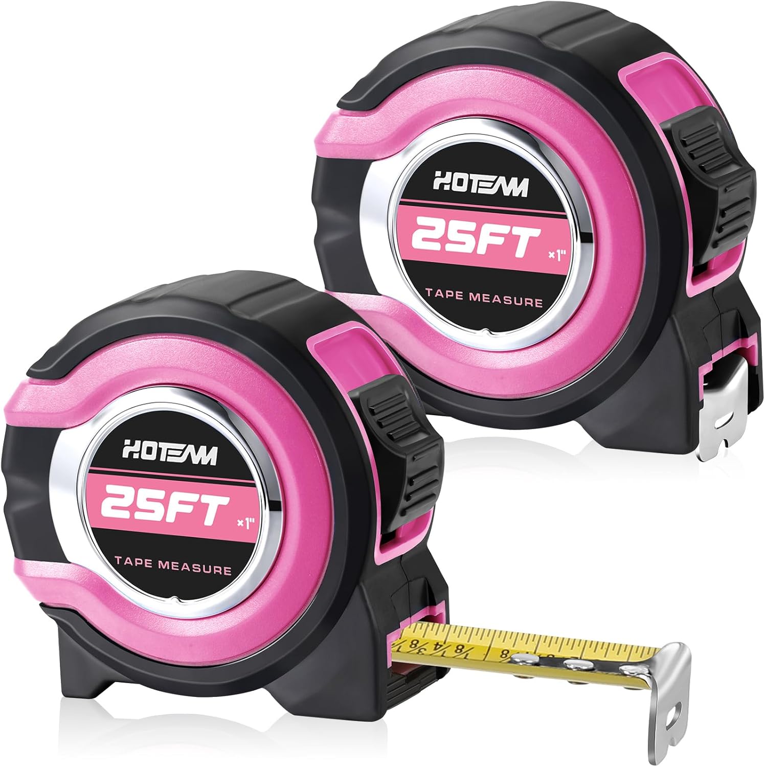 Hoteam 2 Pcs Pink Tape Measure Retractable with 1/8 Fractions Lightweight Pink Measuring Tape Accuracy 1/32 with Magnetic Hook Lock Button Easy to Read Measurement Tools(25 ft)