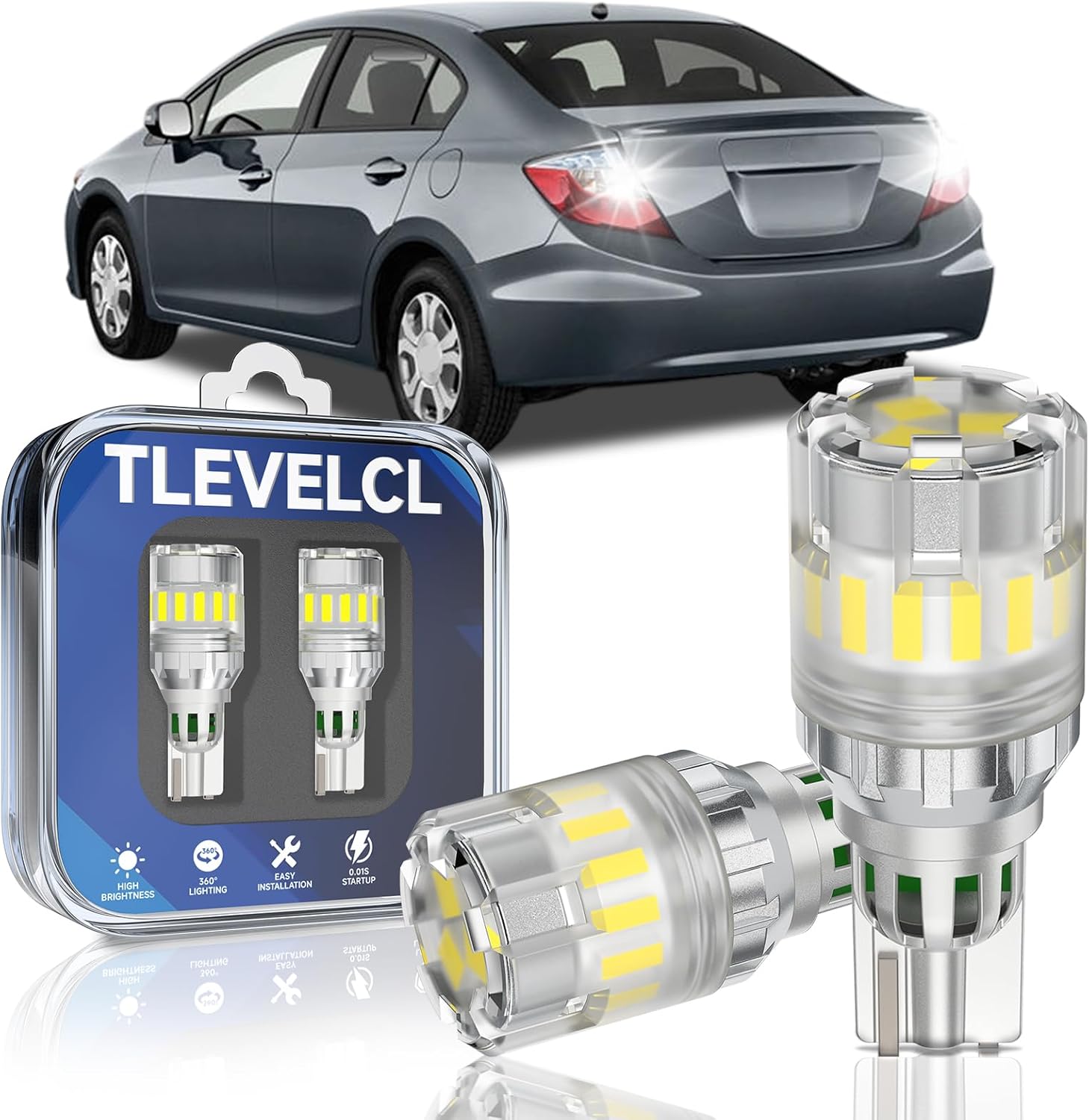 921 912 T15 LED Reverse Light Bulbs, Fit for 2001-2012 Honda Civic, Super Bright 6000K Cool White Backup Lights Replacement, 360 Degree Lighting, Pack of 2