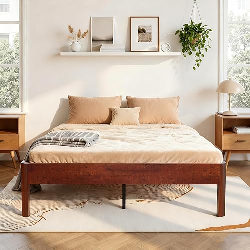 Miniatura 8 de Base de cama de plataforma tamaño Queen para dormitorio, marcos de cama de madera resistente de 14 pulgadas con listones de madera, fácil montaje,