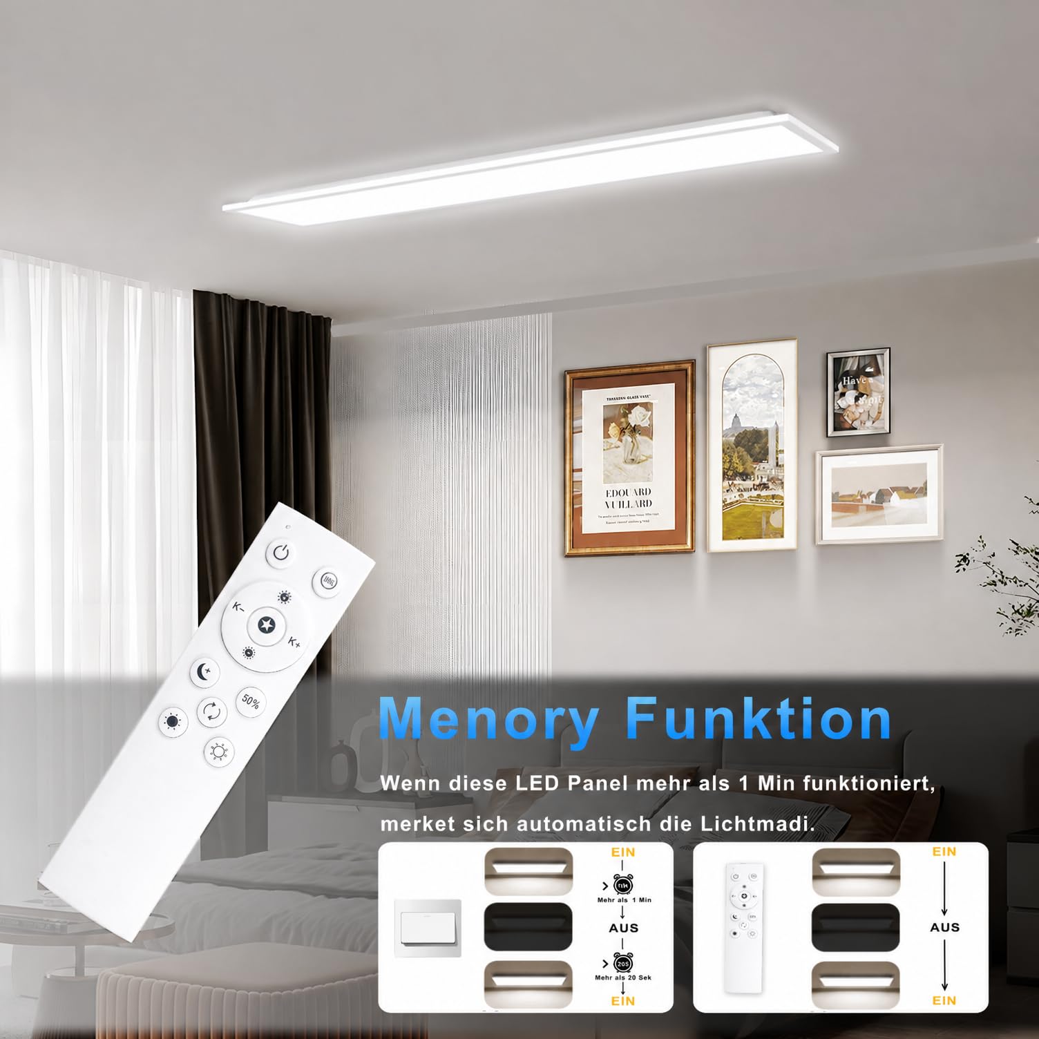 LED Panel Deckenleuchte 120x30cm - 40W 4400lm - Dimmbar, 3000K/4000K/6500K Einstellbar Farbtemperatur, Flimmerfrei - Deckenlampe mit Fernbedienung, Nachtlicht - Ideal für Büro, Wohnzimmer, Werkstatt