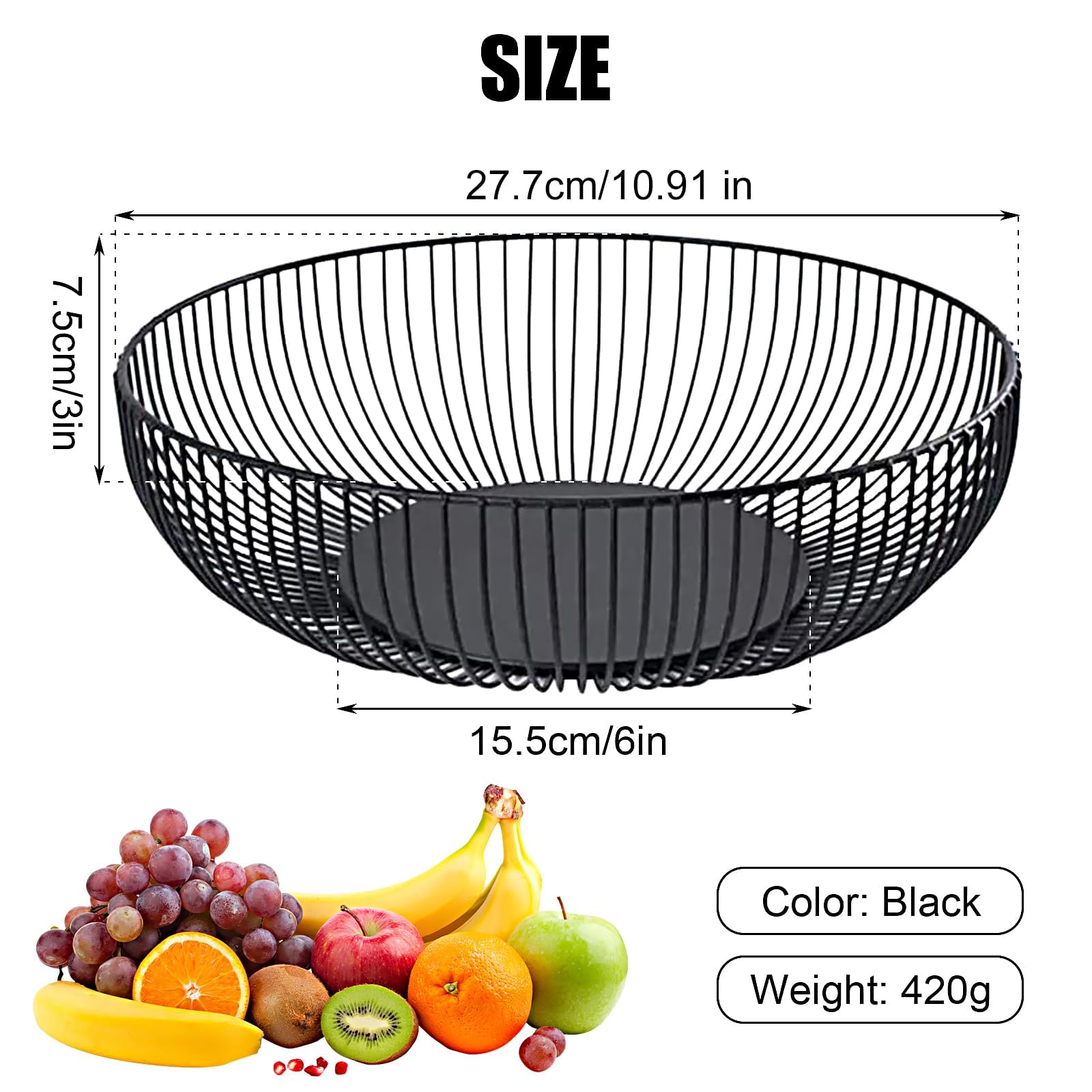 Confezione da 2 ciotole per frutta in filo metallico da 28 cm, cestino per frutta in metallo nero per bancone della cucina, ciotola rotonda per pane e frutta, centrotavola decorativo moderno
