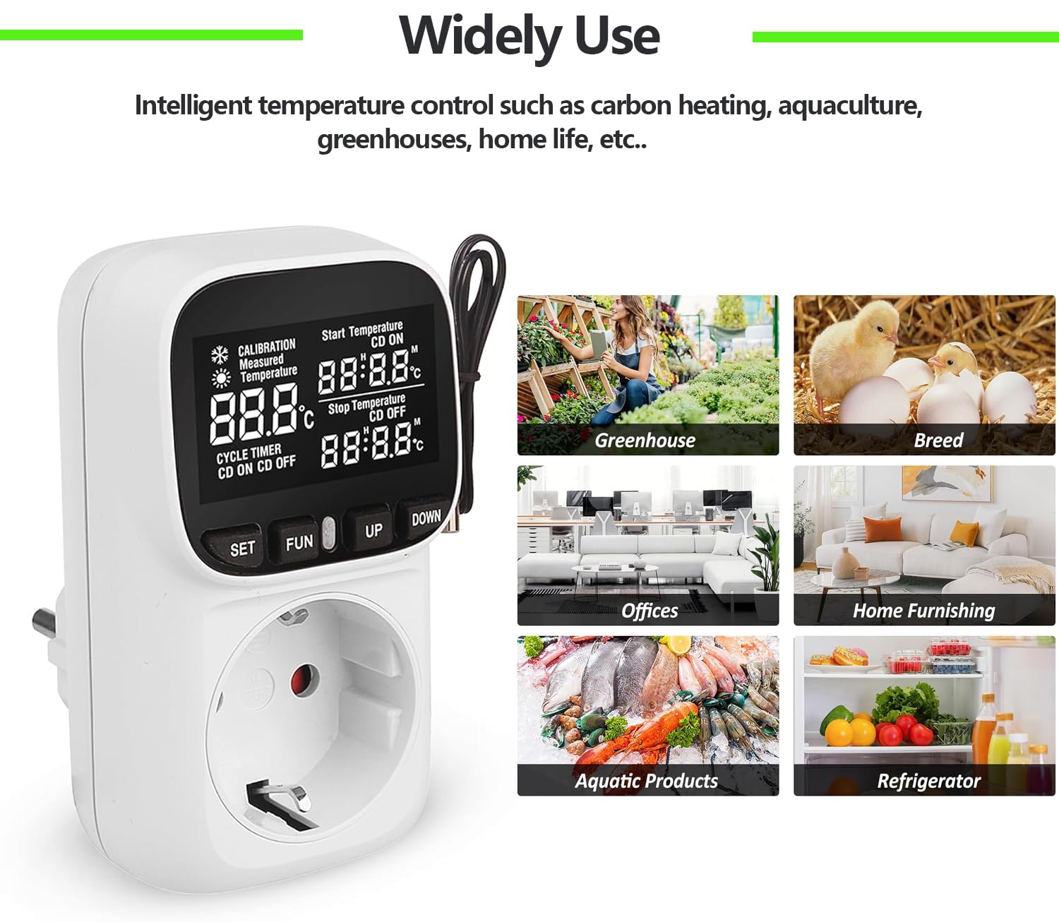 Prise Thermostat Numérique 16A 230V, Contrôleur de Température Intelligent avec Capteur Externe, Écran LCD Régulateur -40℃~120℃, Minuterie pour Serre, Aquarium, Couveuse, Chauffage et Réfrigérateur