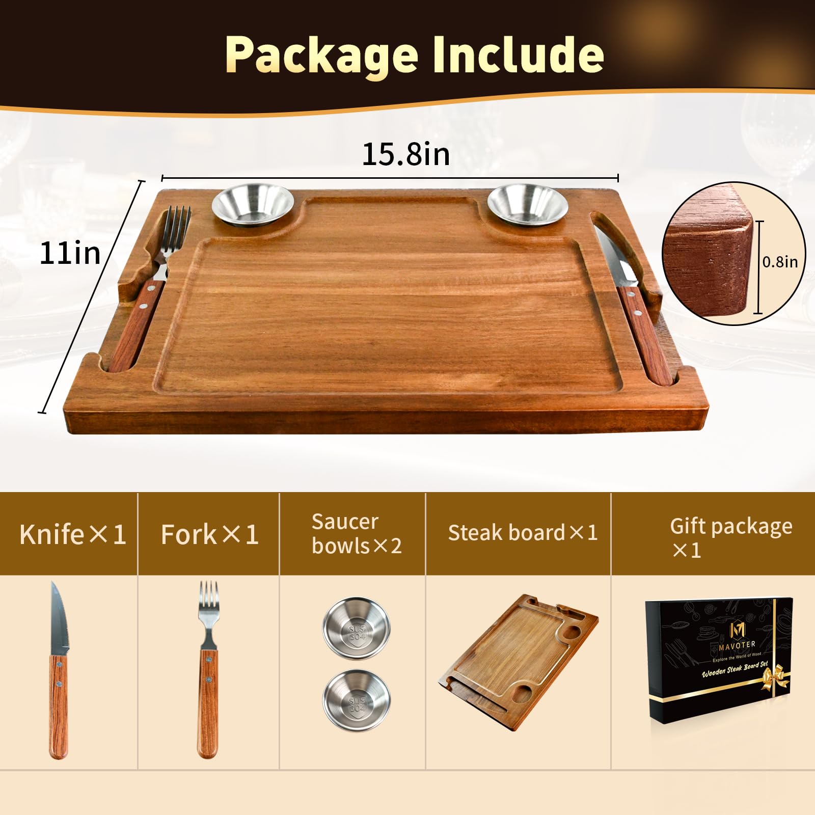 Steakbrett aus Akazienholz, wendbar, Charcuteriebretter, Schneidebrett-Set mit Gabel, Messer und 2 SUS304 Auflaufförmchen, 39,9 cm, Holz-Servierbrett für Zuhause, Grillen, Geschenk für Damen und
