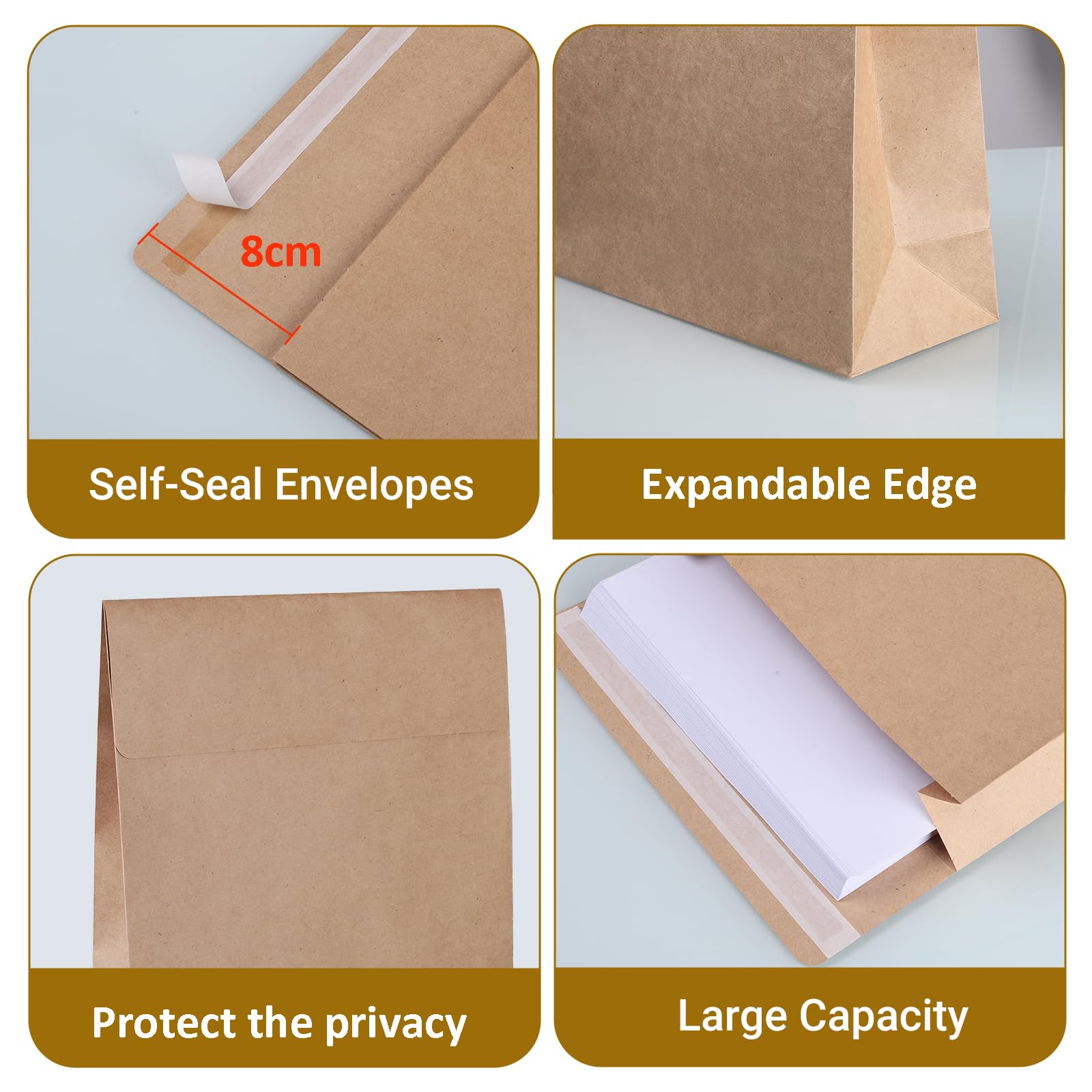 Enveloppes à soufflet extensibles kraft auto-adhésives 23,9 x 33,5 cm Lot de 50 pour documents magazines photos
